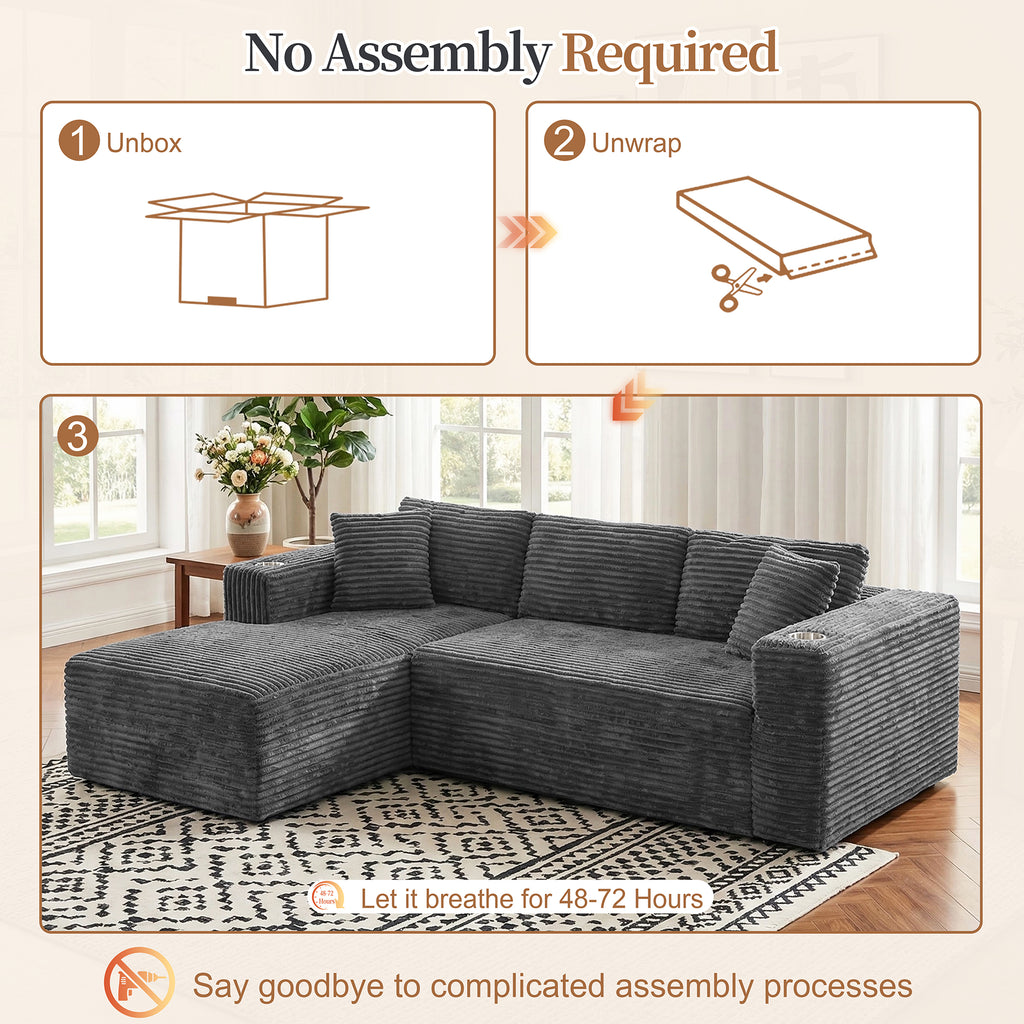 Vongrasig 103" Boneless Sectional Couches for Living Room, L-Shaped Chaise Modular Cloud Couch with Cup Holders on Armrests, Plush Corduroy Comfy Sofa with Memory Foam, No Assembly Required