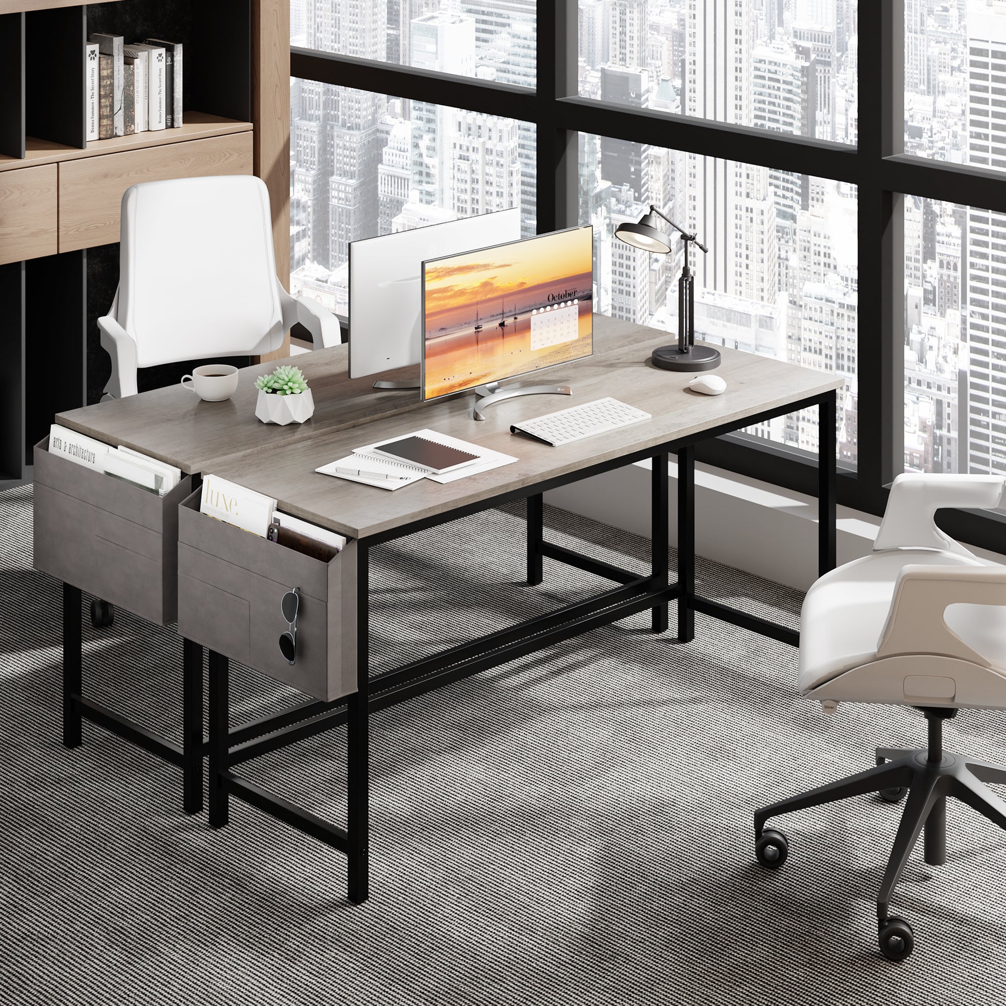 Walsunny 55 inch Home Office Desk with Storage Bag, Study Workstation Modern Simple Design, Student Writing Desk, Office Working Desk, Gray (7346039357616)