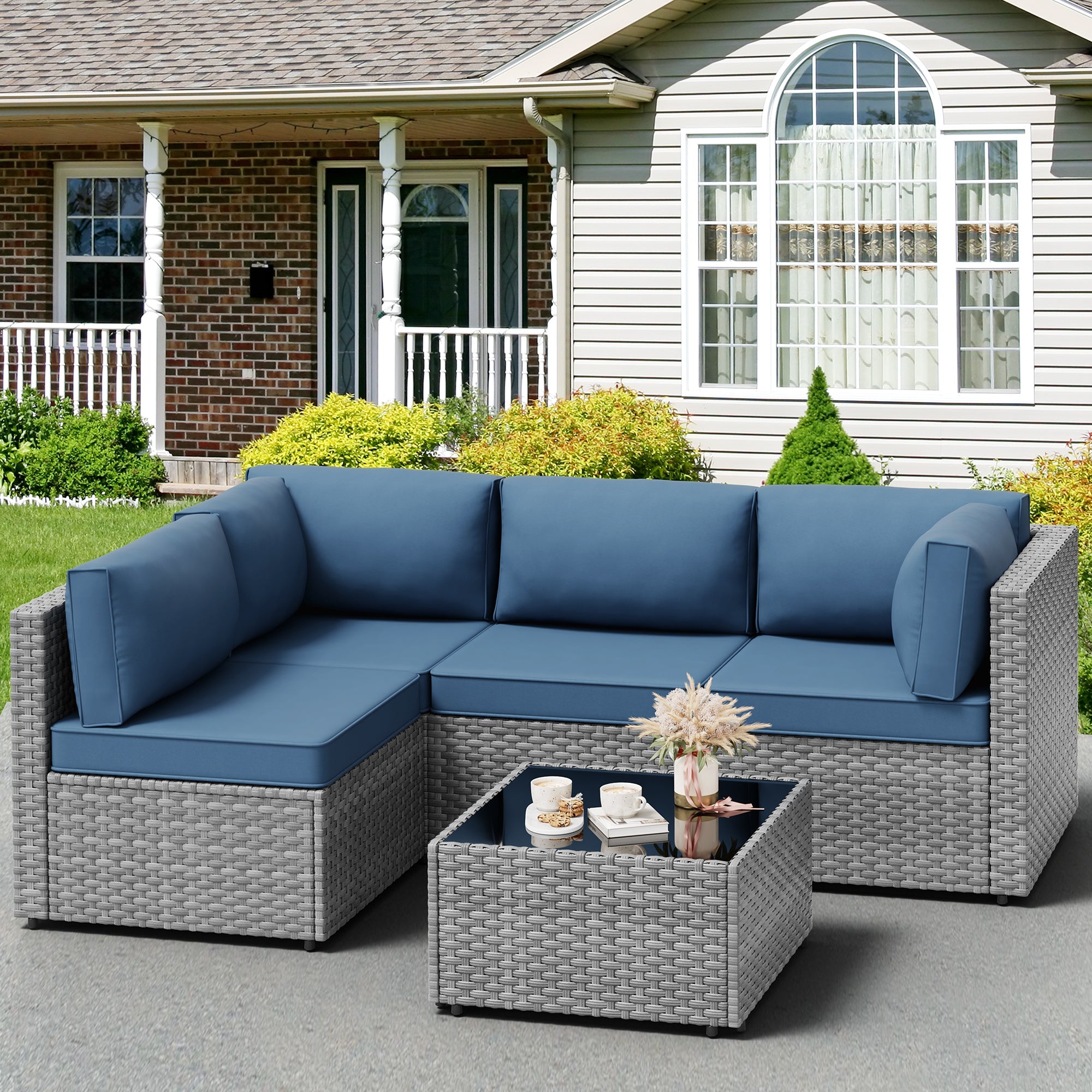 Vongrasig Patio Furniture 5 Pieces Outdoor Sectional Sofas, Sliver Wicker