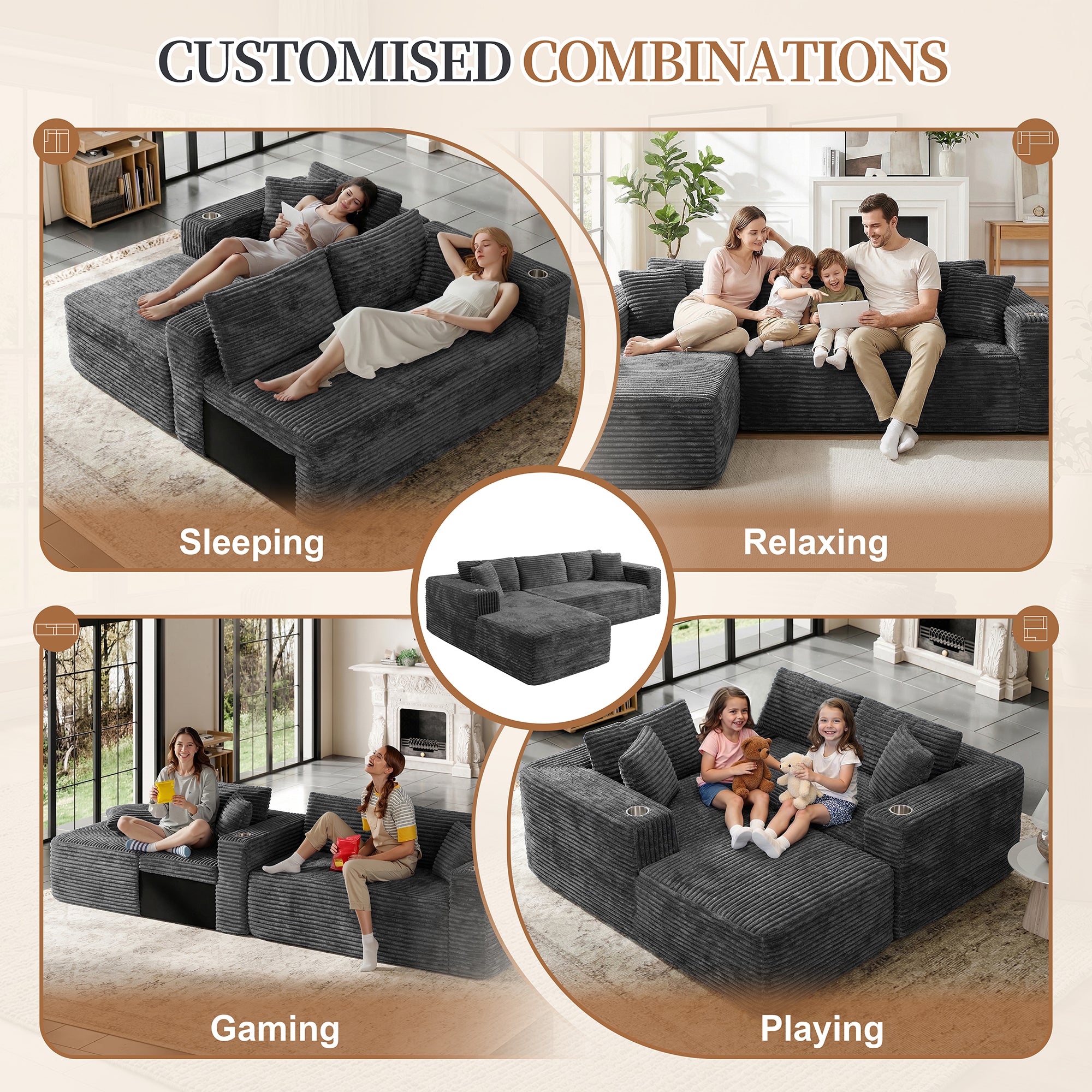 Vongrasig 103" Boneless Sectional Couches for Living Room, L-Shaped Chaise Modular Cloud Couch with Cup Holders on Armrests, Plush Corduroy Comfy Sofa with Memory Foam, No Assembly Required