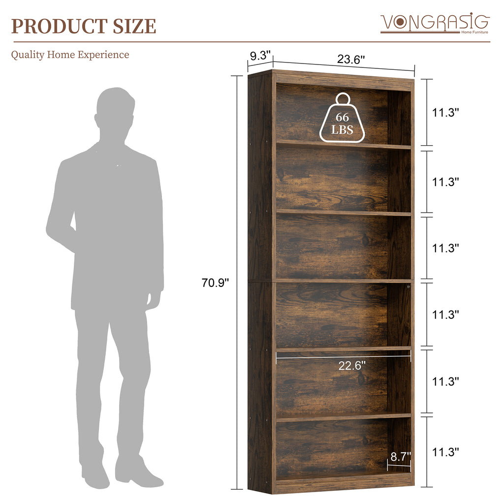 Vongrasig 6-Tier Open Bookshelf, Modern Wood Bookcase| 71" Tall Floor Standing Bookcase, Wood Display Storage Shelf for Home Office Living Room