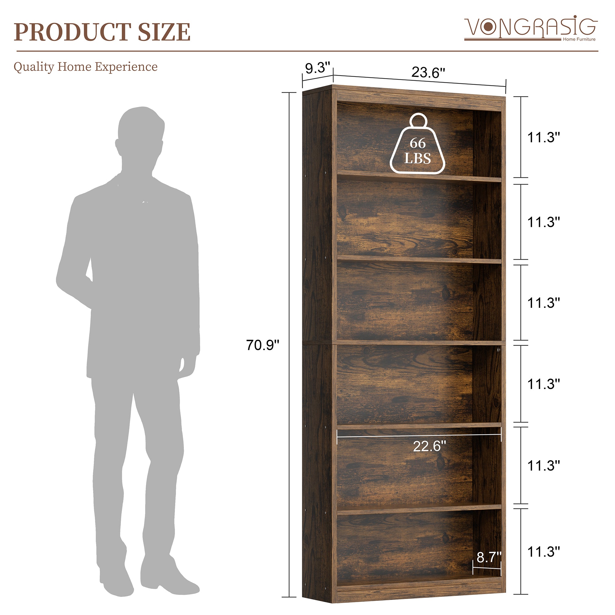 Vongrasig 6-Tier Open Bookshelf, Modern Wood Bookcase| 71" Tall Floor Standing Bookcase, Wood Display Storage Shelf for Home Office Living Room