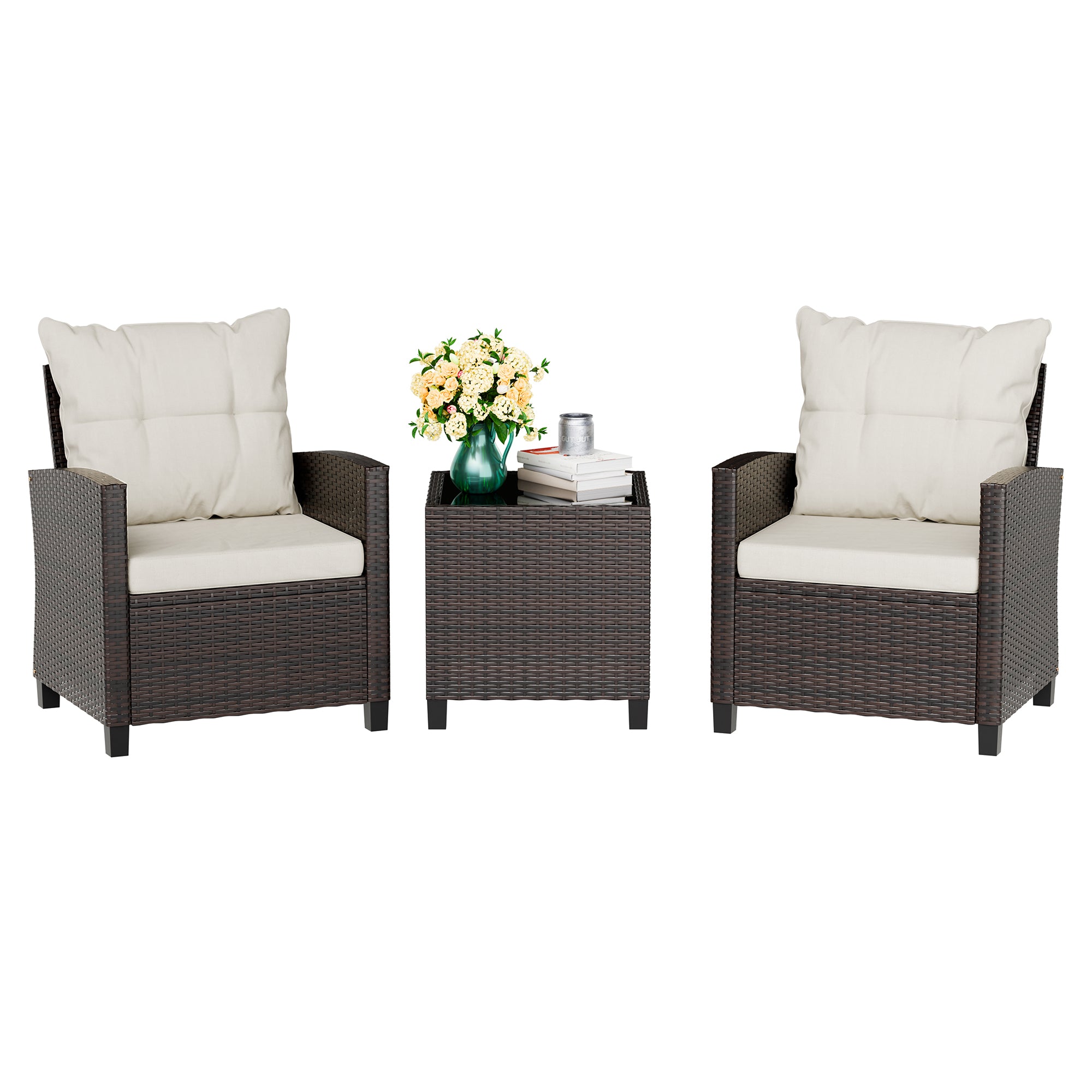 Vongrasig 3 Piece Patio Furniture Set Small Outdoor Wicker Rattan Front Porch Bistro Set Cushioned Patio Chairs Conversation Set with Glass Table for Lawn, Garden, Backyard, Balcony, Poolside