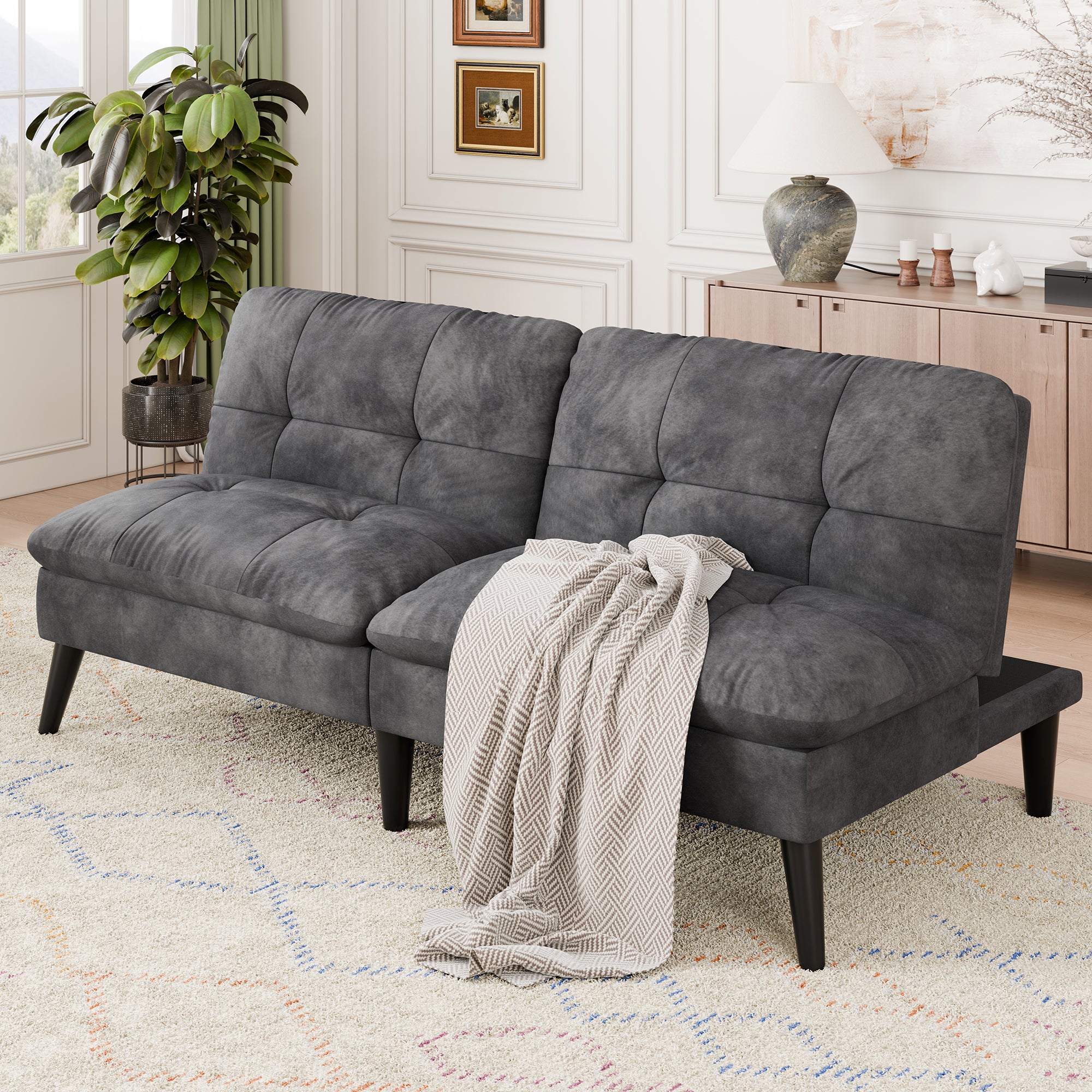 Vongrasig Futon Sofa Bed Velvet Futon Couch with Adjustable Backrest, Small Convertible Folding Sleeper Sofa Bed, Modern Loveseat for Living Room, Bedroom and Small Space, (Gray)