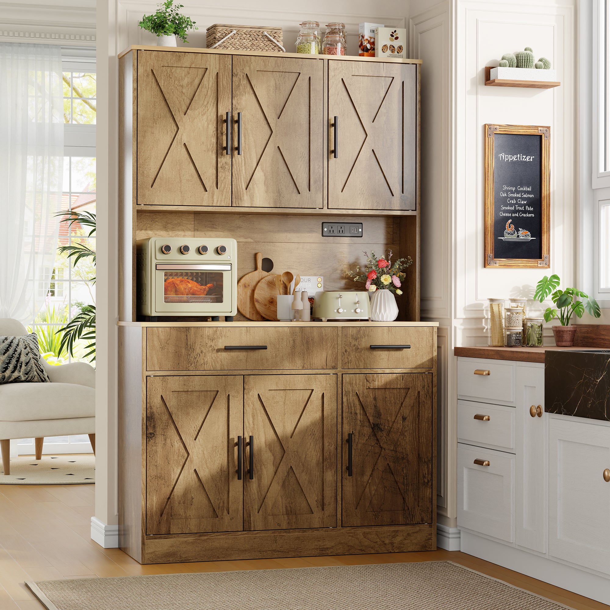 Vongrasig Farmhouse Pantry Cabinet with Charging Station, Tall Kitchen Pantry with Microwave Stand, Storage Drawers & Shelves, Large Kitchen Hutch for Living Room, Dining Room