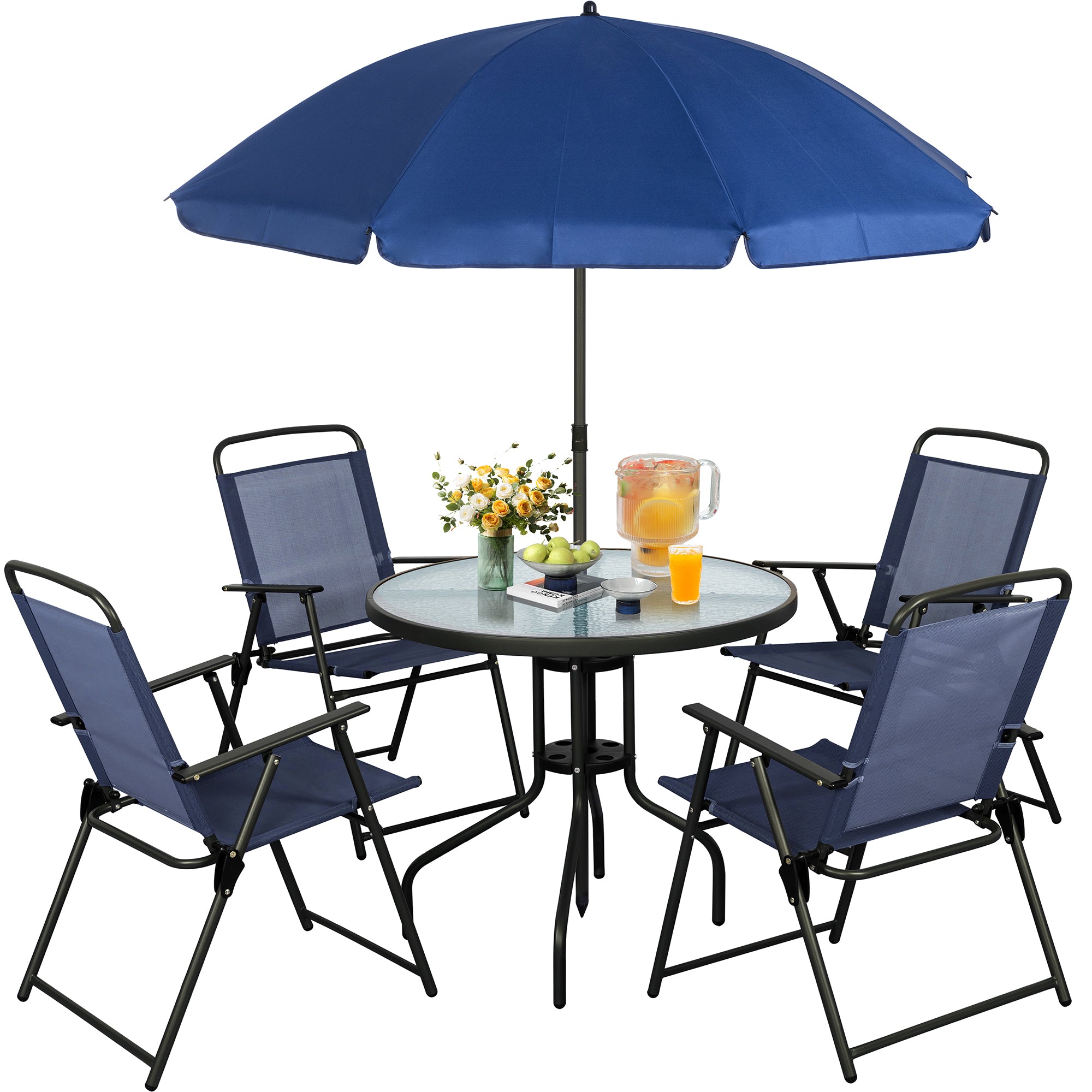 Vongrasig 6 Piece Folding Patio Dining Set,Small Metal Outdoor Garden Patio Table and Chair Set w/Umbrella for Lawn,Deck,Backyard,Black