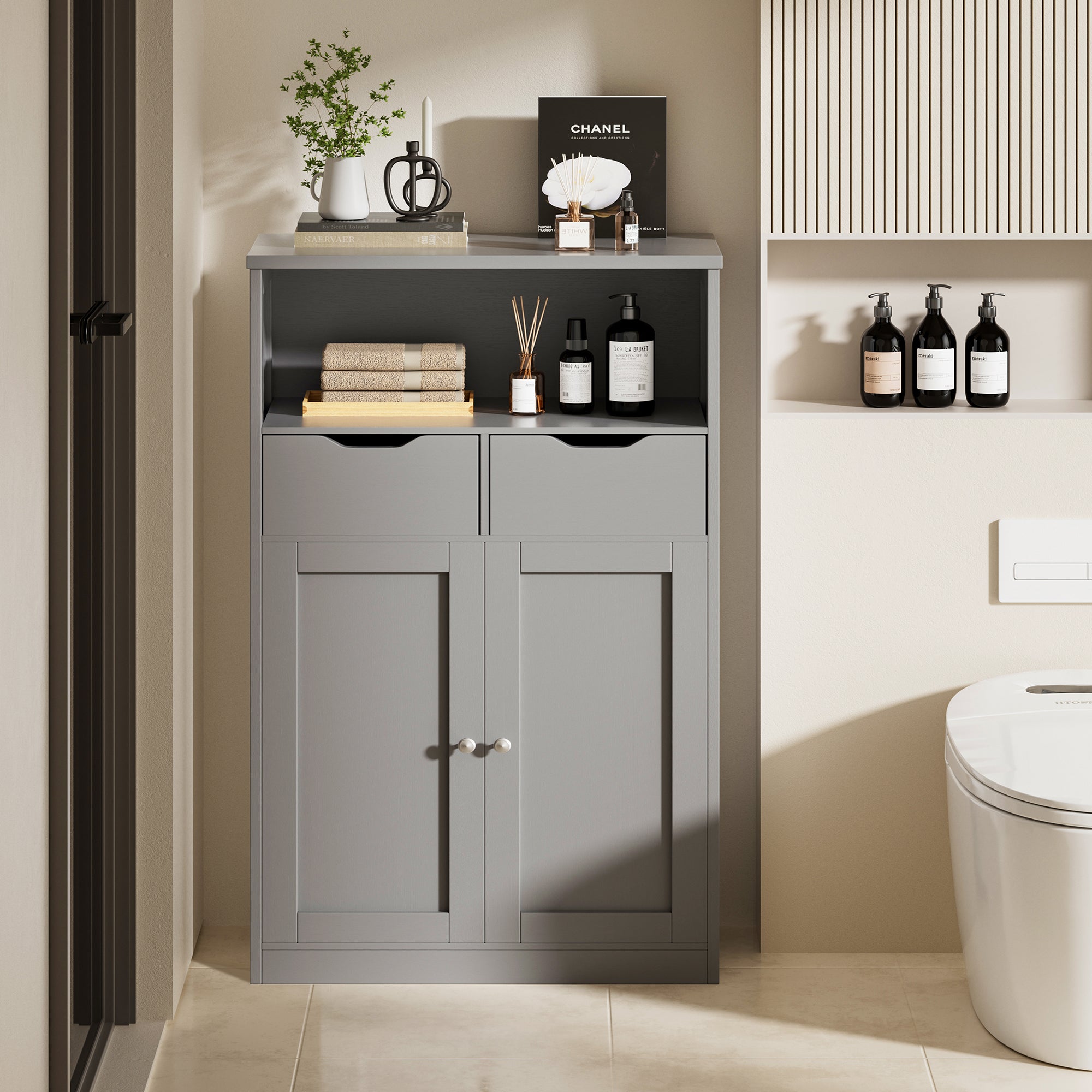 Vongrasig Bathroom Storage Cabinet, 42.5" H Freestanding Floor Cabinet | Wooden Modern Cabinet with 2 Drawers, Open Shelf and Adjustable Shelf for Bathroom, Laundry Room and Entryway