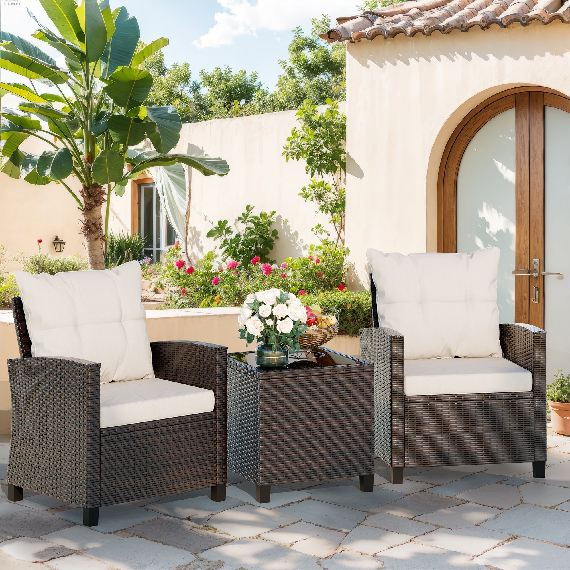 Vongrasig 3 Piece Patio Furniture Set Small Outdoor Wicker Rattan Front Porch Bistro Set Cushioned Patio Chairs Conversation Set with Glass Table for Lawn, Garden, Backyard, Balcony, Poolside