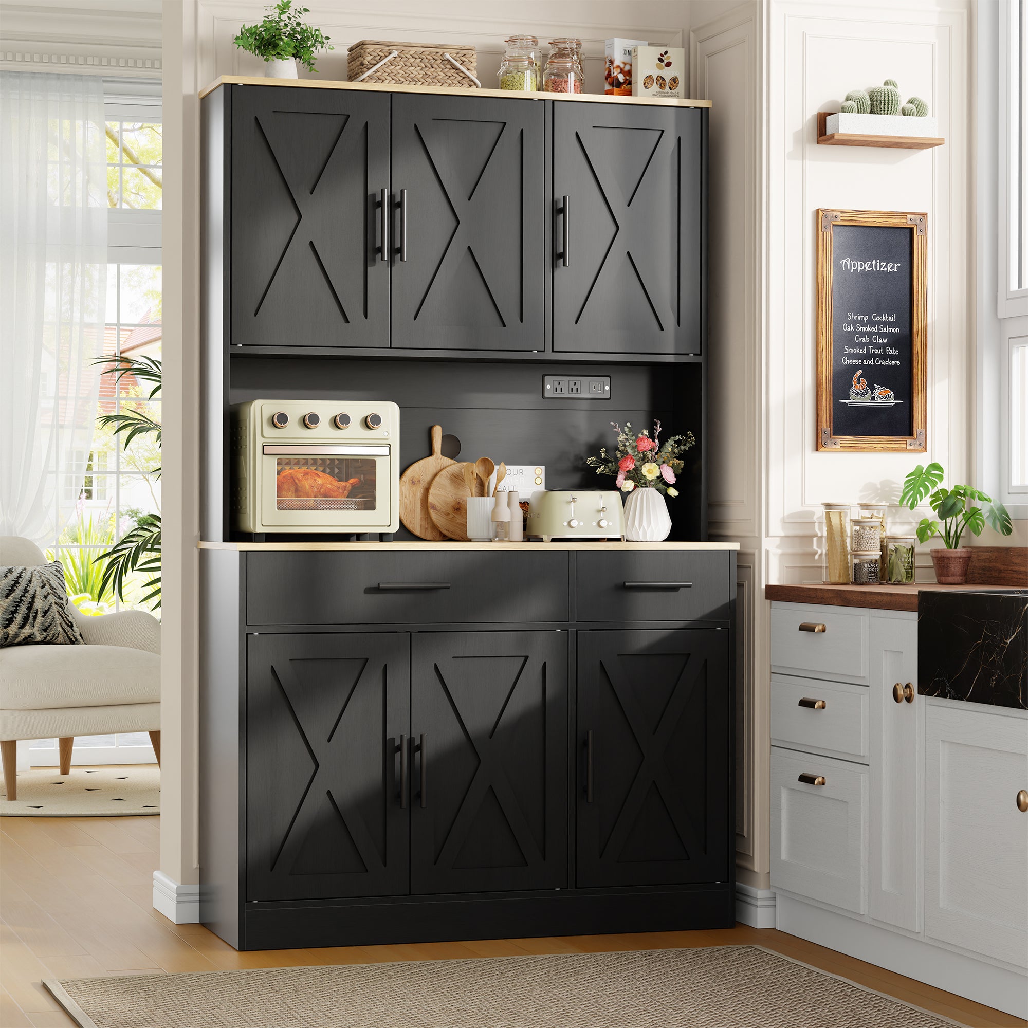 Vongrasig Farmhouse Pantry Cabinet with Charging Station, Tall Kitchen Pantry with Microwave Stand, Storage Drawers & Shelves, Large Kitchen Hutch for Living Room, Dining Room