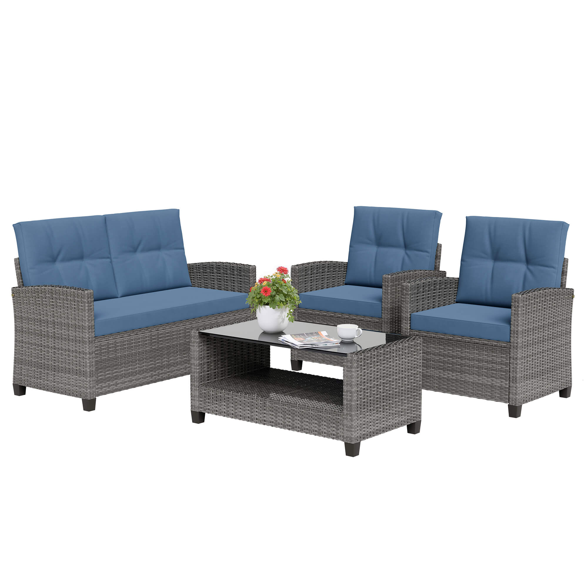 Vongrasig Patio Furniture 4 Pieces Outdoor Wicker Loveseat Set