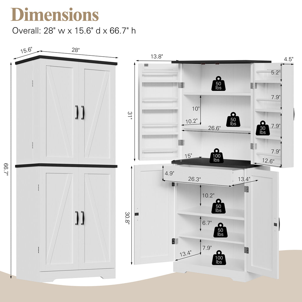 Vongrasig Kitchen Pantry Storage Cabinet with Barn Doors, Drawer and Adjustable Shelves, 6-Tier Tall Rustic Wood Cupboard Locker for Kitchen, Dining Room, Living Room, Bathroom