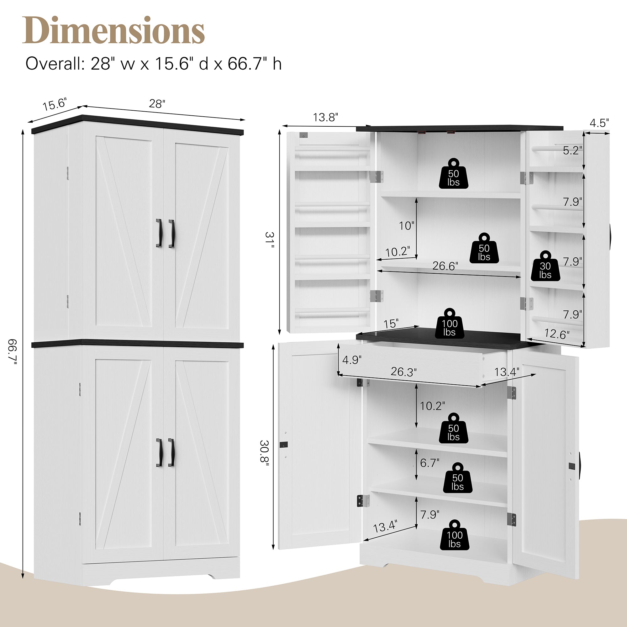 Vongrasig Kitchen Pantry Storage Cabinet with Barn Doors, Drawer and Adjustable Shelves, 6-Tier Tall Rustic Wood Cupboard Locker for Kitchen, Dining Room, Living Room, Bathroom
