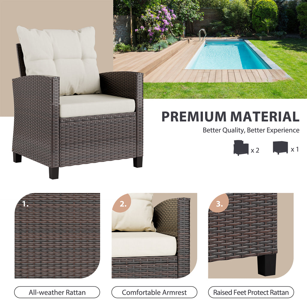 Vongrasig 3 Piece Patio Furniture Set Small Outdoor Wicker Rattan Front Porch Bistro Set Cushioned Patio Chairs Conversation Set with Glass Table for Lawn, Garden, Backyard, Balcony, Poolside