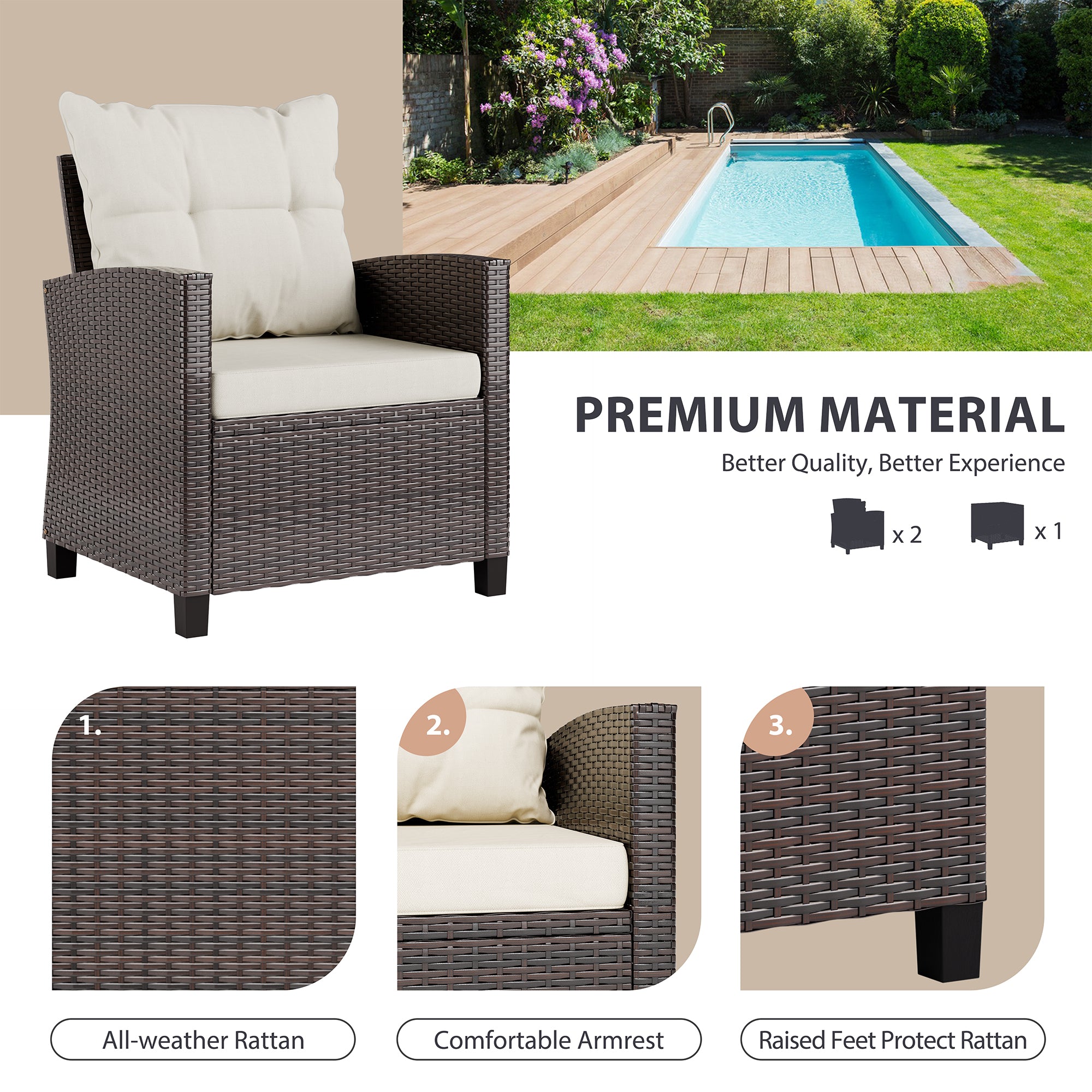 Vongrasig 3 Piece Patio Furniture Set Small Outdoor Wicker Rattan Front Porch Bistro Set Cushioned Patio Chairs Conversation Set with Glass Table for Lawn, Garden, Backyard, Balcony, Poolside