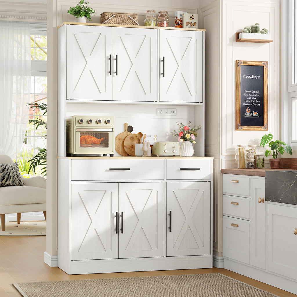 Vongrasig Farmhouse Pantry Cabinet with Charging Station, Tall Kitchen Pantry with Microwave Stand, Storage Drawers & Shelves, Large Kitchen Hutch for Living Room, Dining Room