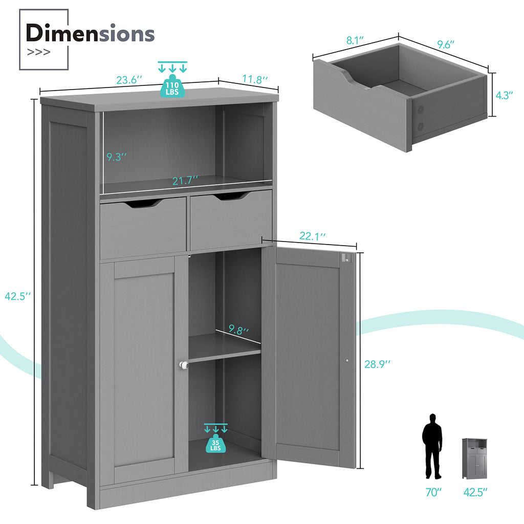 Vongrasig Bathroom Storage Cabinet, 42.5" H Freestanding Floor Cabinet | Wooden Modern Cabinet with 2 Drawers, Open Shelf and Adjustable Shelf for Bathroom, Laundry Room and Entryway