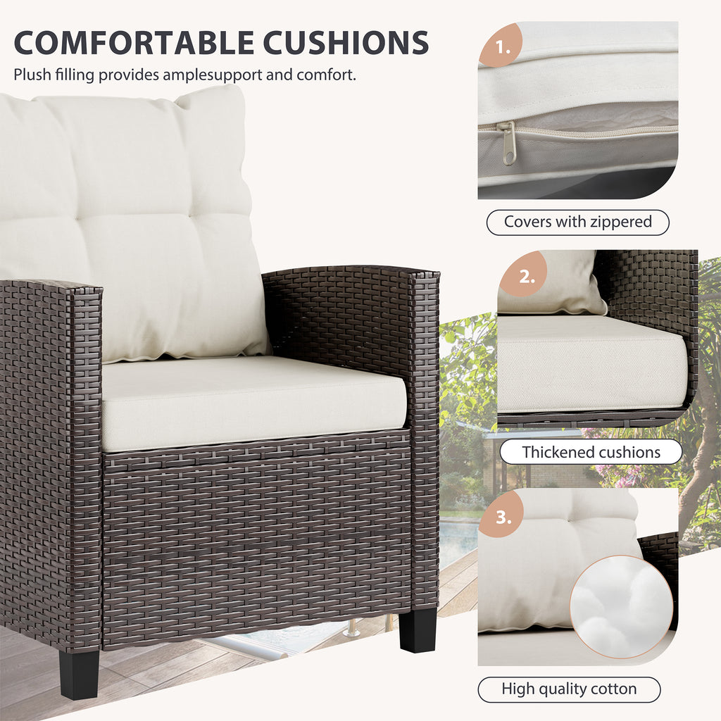Vongrasig 3 Piece Patio Furniture Set Small Outdoor Wicker Rattan Front Porch Bistro Set Cushioned Patio Chairs Conversation Set with Glass Table for Lawn, Garden, Backyard, Balcony, Poolside