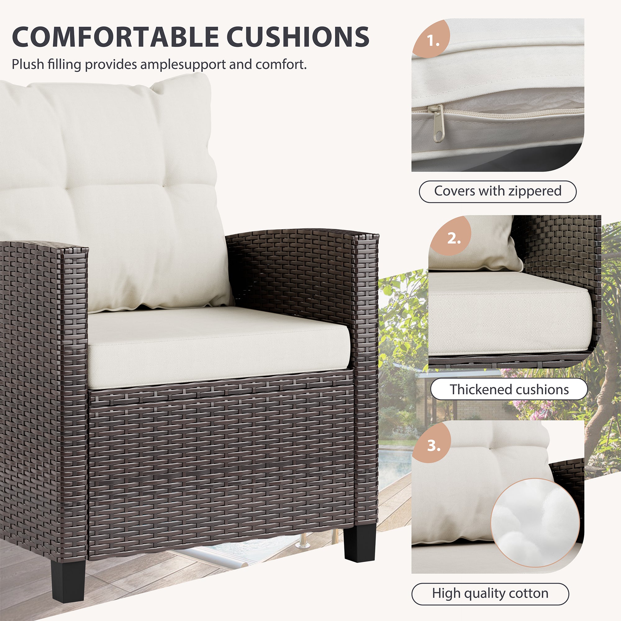 Vongrasig 3 Piece Patio Furniture Set Small Outdoor Wicker Rattan Front Porch Bistro Set Cushioned Patio Chairs Conversation Set with Glass Table for Lawn, Garden, Backyard, Balcony, Poolside