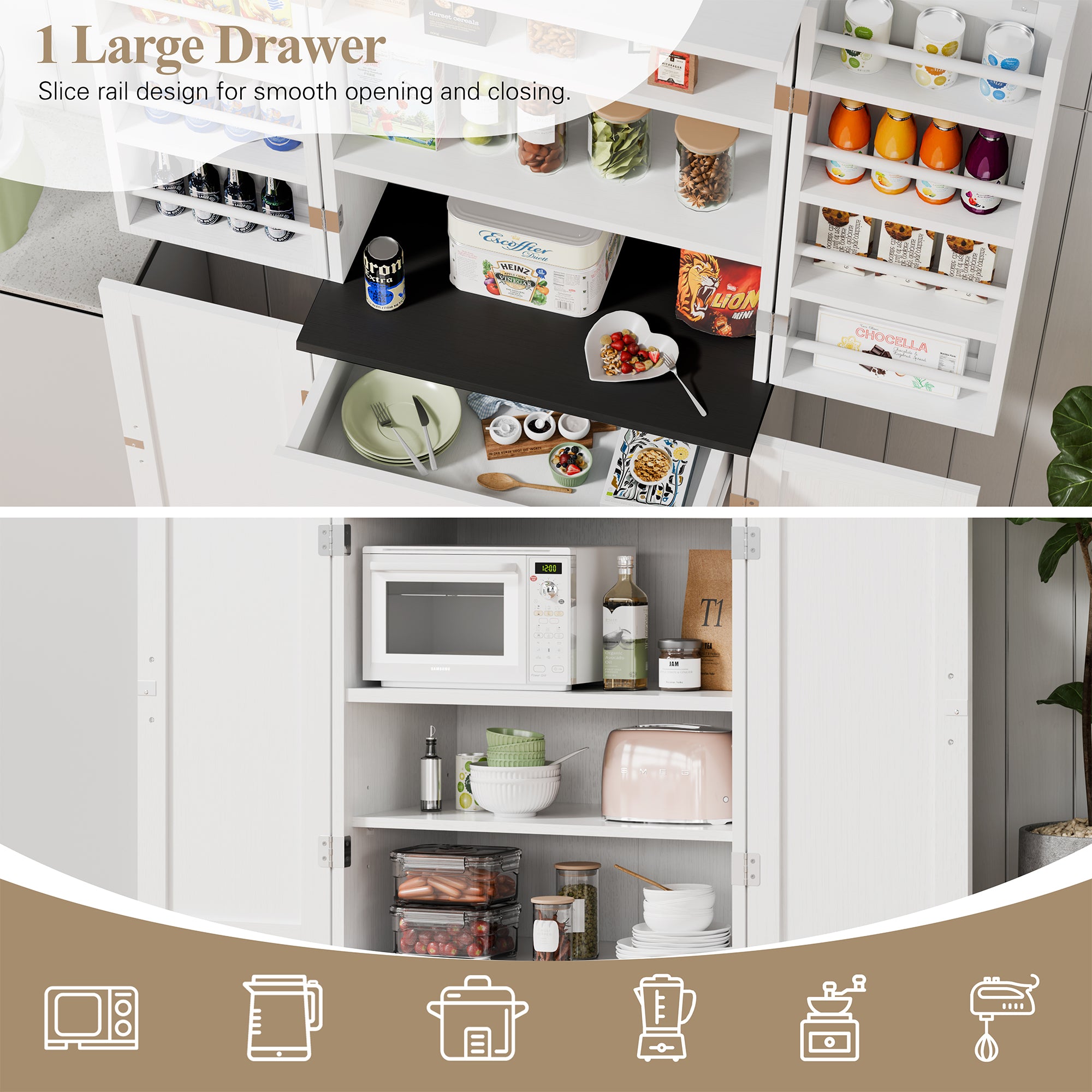 Vongrasig Kitchen Pantry Storage Cabinet with Barn Doors, Drawer and Adjustable Shelves, 6-Tier Tall Rustic Wood Cupboard Locker for Kitchen, Dining Room, Living Room, Bathroom