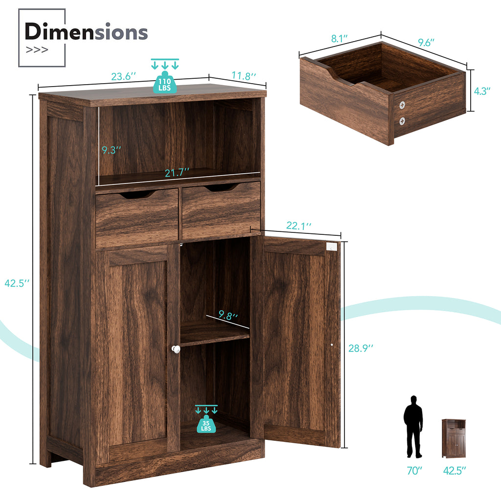 Vongrasig Bathroom Storage Cabinet, 42.5" H Freestanding Floor Cabinet | Wooden Modern Cabinet with 2 Drawers, Open Shelf and Adjustable Shelf for Bathroom, Laundry Room and Entryway