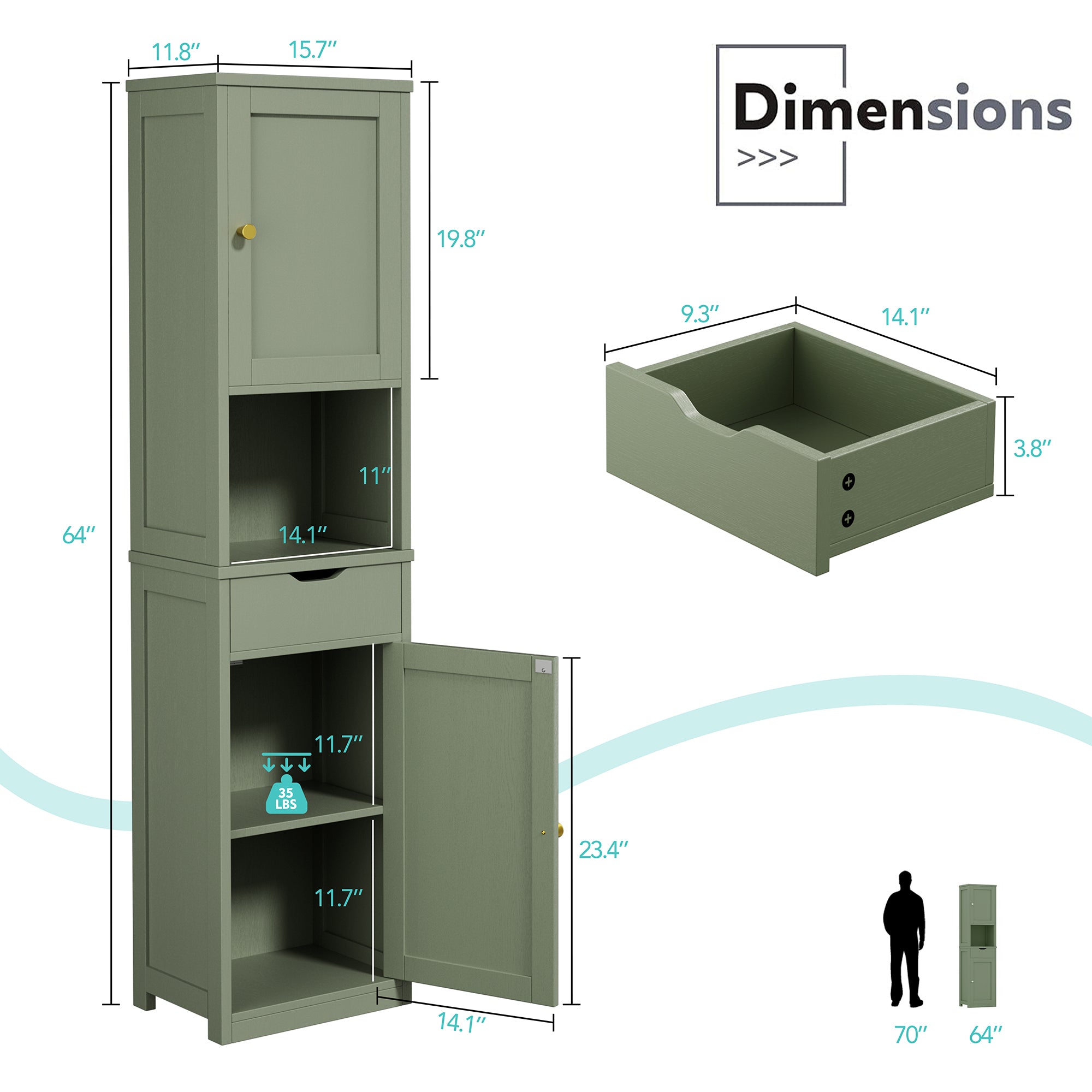 Vongrasig Tall Bathroom Storage Cabinet, 64”H Narrow Storage Unit for Small Spaces, Freestanding Modern Cabinet with Adjustable Shelves for Bathroom, Living Room, Kitchen
