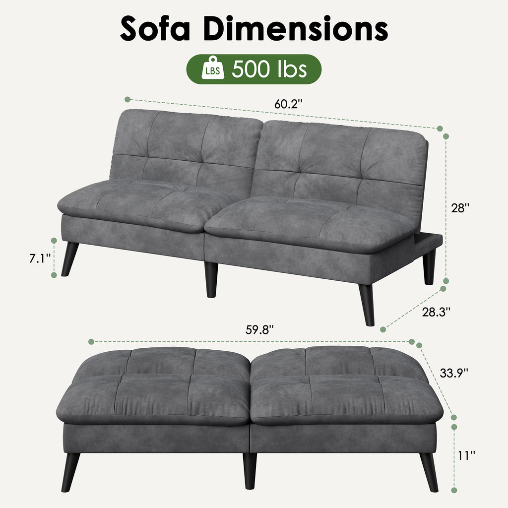 Vongrasig Futon Sofa Bed Velvet Futon Couch with Adjustable Backrest, Small Convertible Folding Sleeper Sofa Bed, Modern Loveseat for Living Room, Bedroom and Small Space, (Gray)