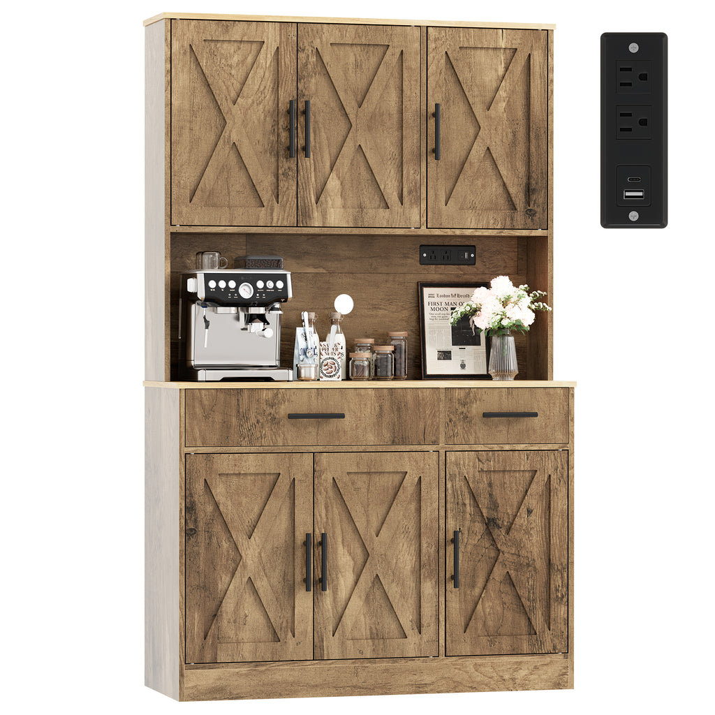 Vongrasig Farmhouse Pantry Cabinet with Charging Station, Tall Kitchen Pantry with Microwave Stand, Storage Drawers & Shelves, Large Kitchen Hutch for Living Room, Dining Room