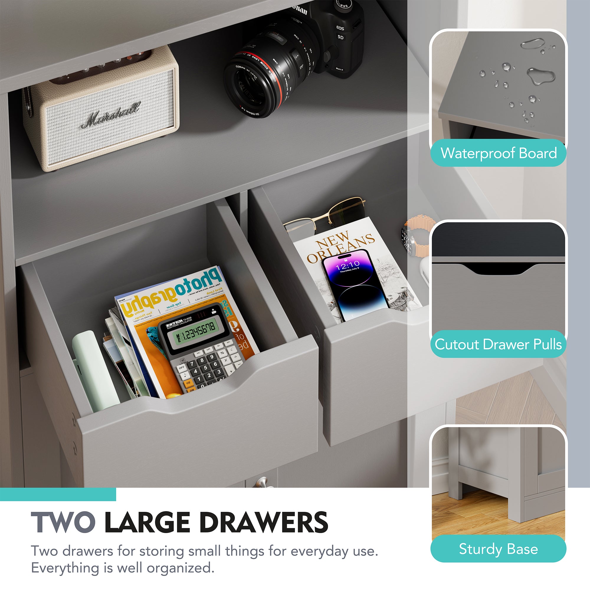 Vongrasig Bathroom Storage Cabinet, 42.5" H Freestanding Floor Cabinet | Wooden Modern Cabinet with 2 Drawers, Open Shelf and Adjustable Shelf for Bathroom, Laundry Room and Entryway