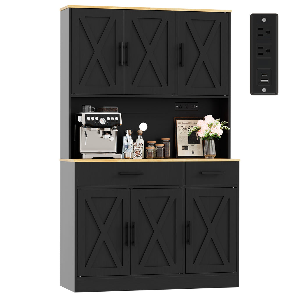 Vongrasig Farmhouse Pantry Cabinet with Charging Station, Tall Kitchen Pantry with Microwave Stand, Storage Drawers & Shelves, Large Kitchen Hutch for Living Room, Dining Room