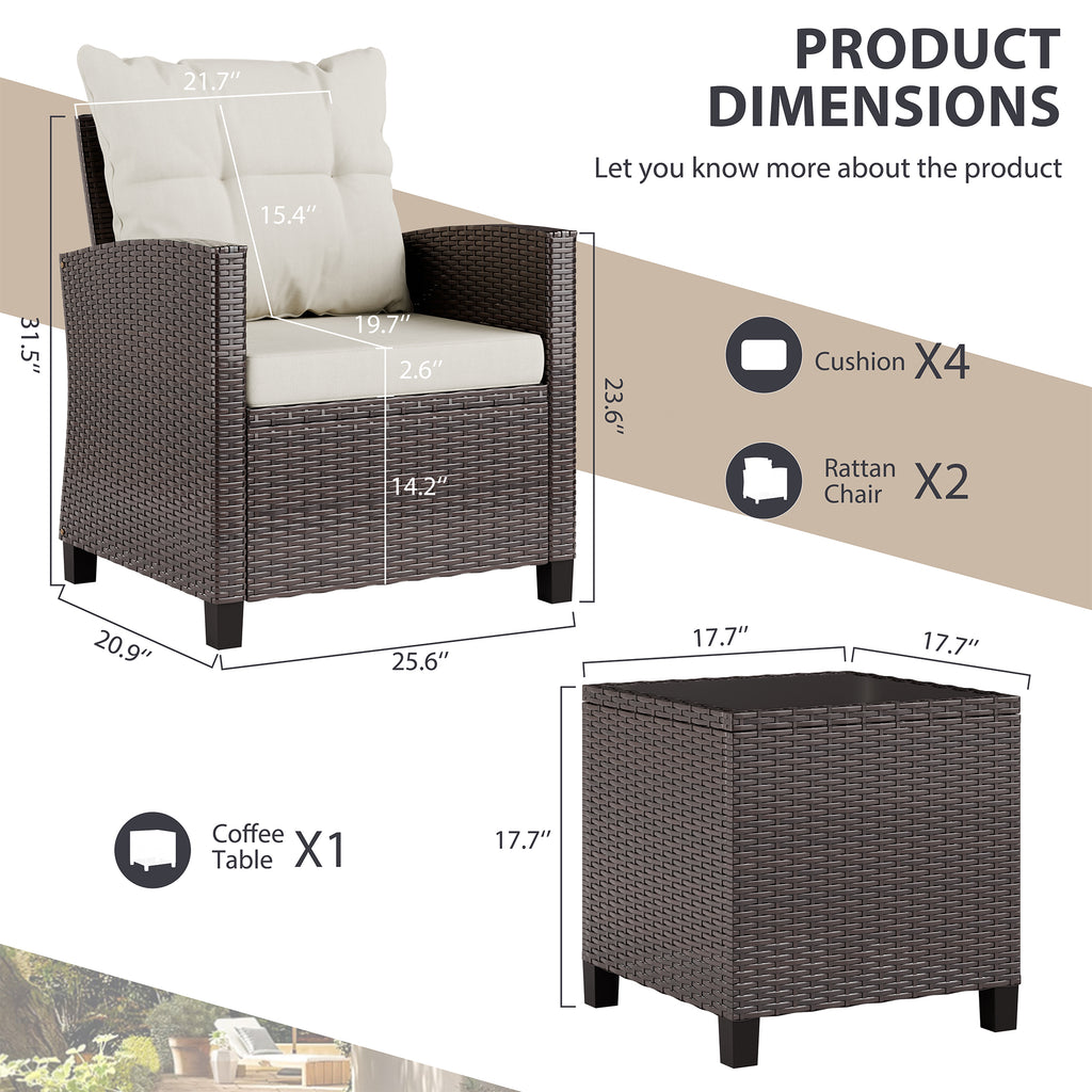 Vongrasig 3 Piece Patio Furniture Set Small Outdoor Wicker Rattan Front Porch Bistro Set Cushioned Patio Chairs Conversation Set with Glass Table for Lawn, Garden, Backyard, Balcony, Poolside