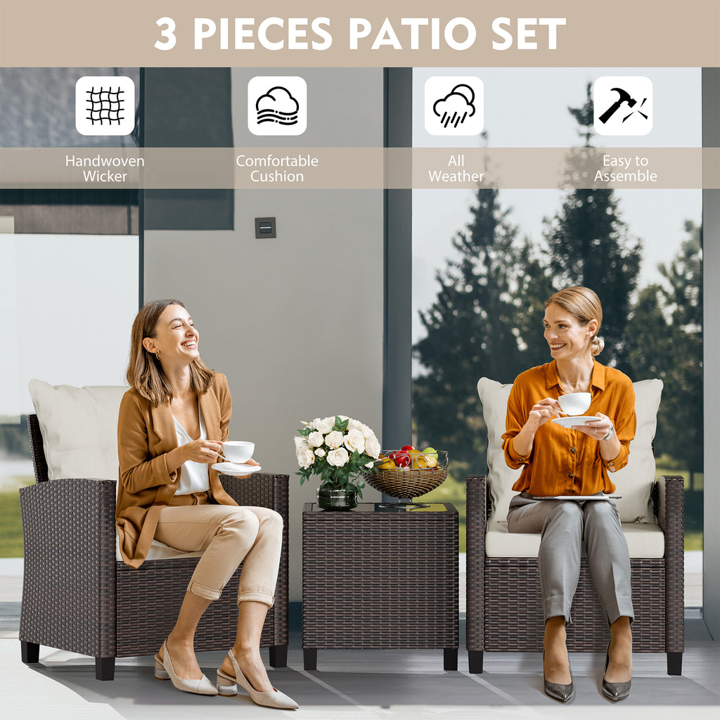 Vongrasig 3 Piece Patio Furniture Set Small Outdoor Wicker Rattan Front Porch Bistro Set Cushioned Patio Chairs Conversation Set with Glass Table for Lawn, Garden, Backyard, Balcony, Poolside