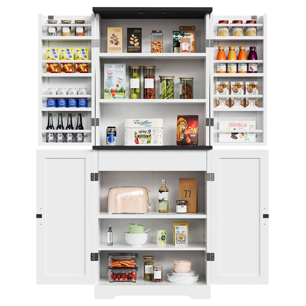 Vongrasig Kitchen Pantry Storage Cabinet with Barn Doors, Drawer and Adjustable Shelves, 6-Tier Tall Rustic Wood Cupboard Locker for Kitchen, Dining Room, Living Room, Bathroom