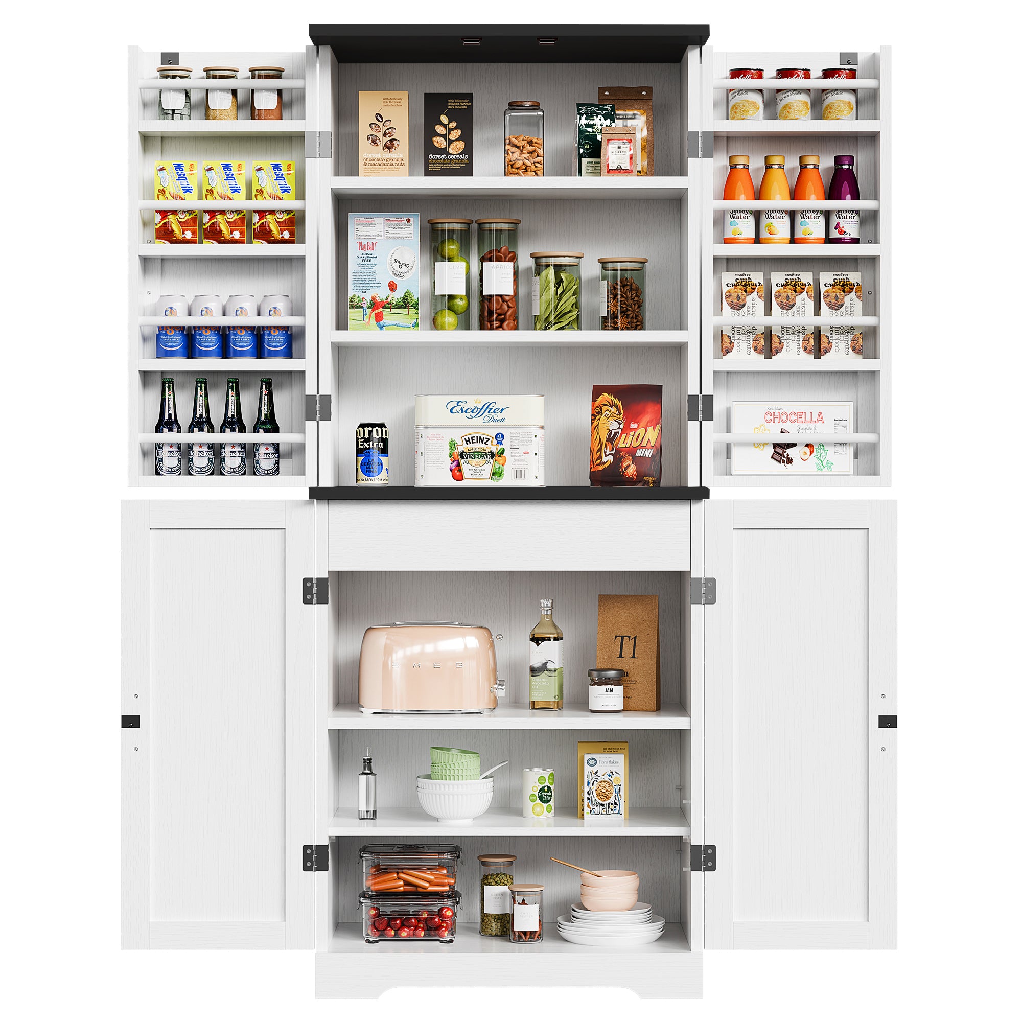 Vongrasig Kitchen Pantry Storage Cabinet with Barn Doors, Drawer and Adjustable Shelves, 6-Tier Tall Rustic Wood Cupboard Locker for Kitchen, Dining Room, Living Room, Bathroom