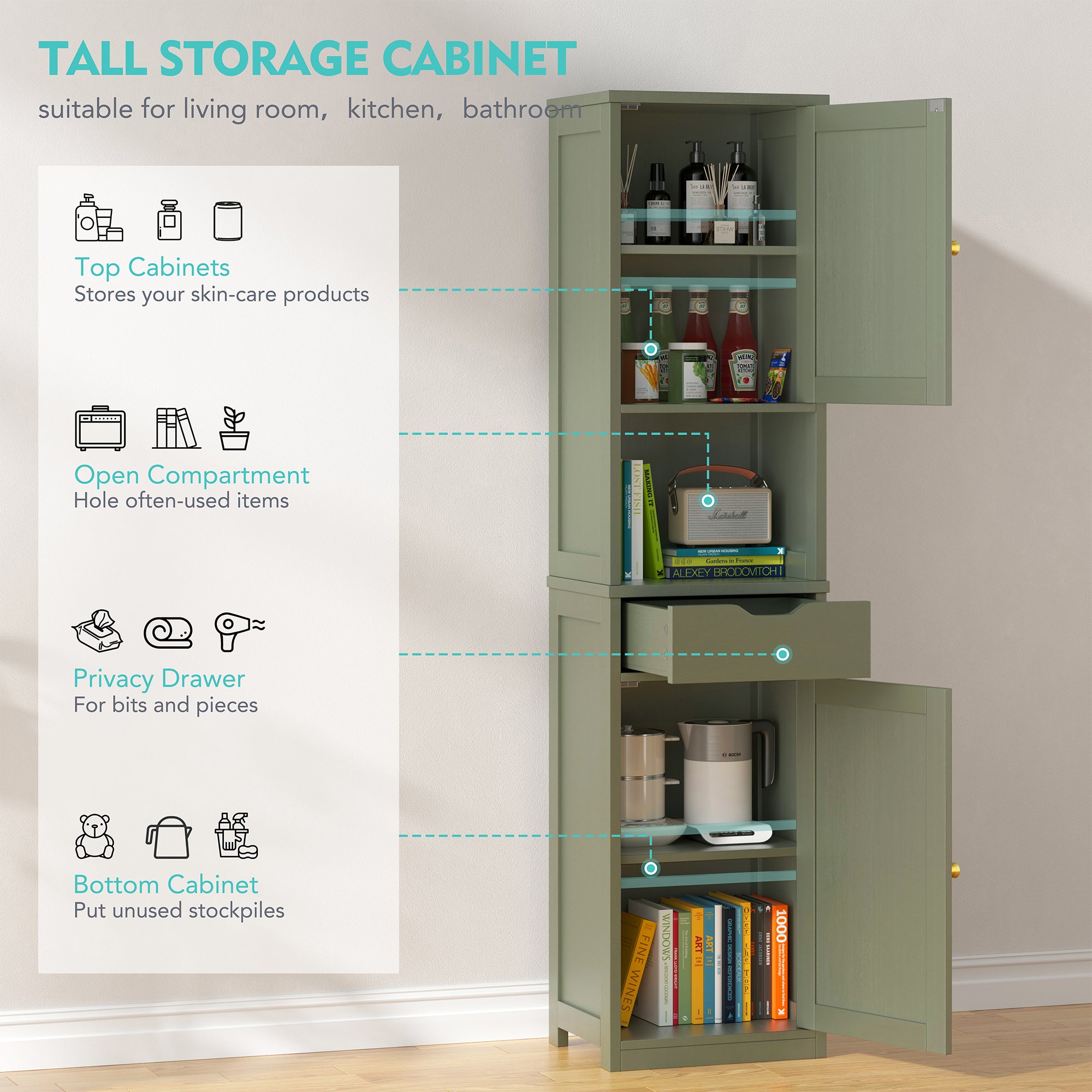 Vongrasig Tall Bathroom Storage Cabinet, 64”H Narrow Storage Unit for Small Spaces, Freestanding Modern Cabinet with Adjustable Shelves for Bathroom, Living Room, Kitchen