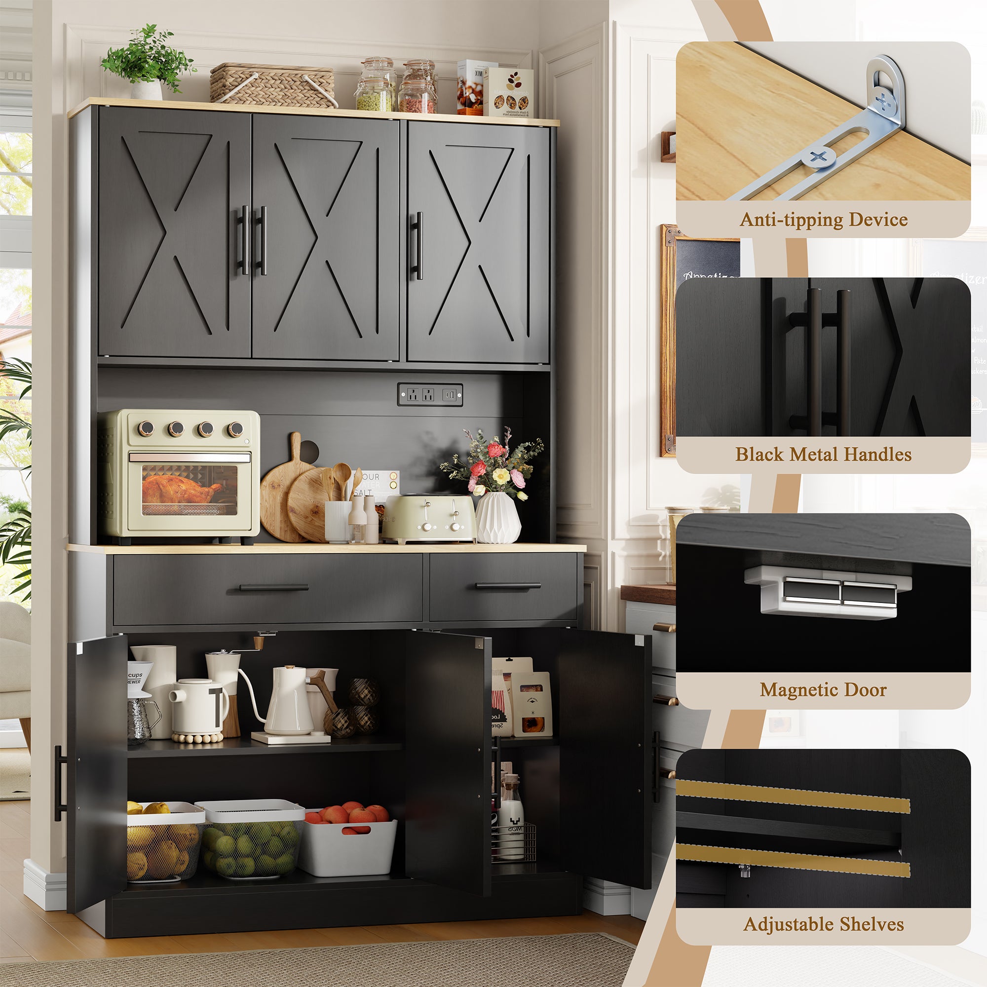 Vongrasig Farmhouse Pantry Cabinet with Charging Station, Tall Kitchen Pantry with Microwave Stand, Storage Drawers & Shelves, Large Kitchen Hutch for Living Room, Dining Room