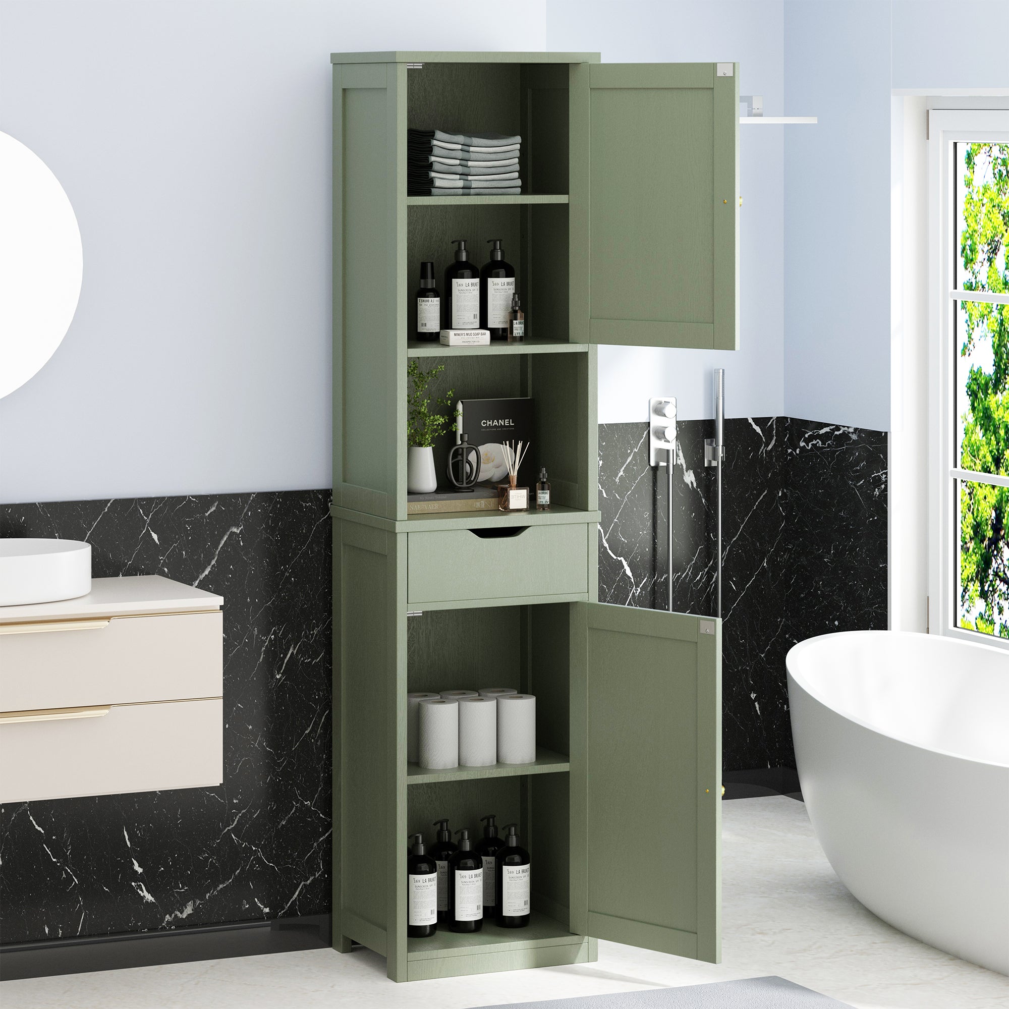 Vongrasig Tall Bathroom Storage Cabinet, 64”H Narrow Storage Unit for Small Spaces, Freestanding Modern Cabinet with Adjustable Shelves for Bathroom, Living Room, Kitchen