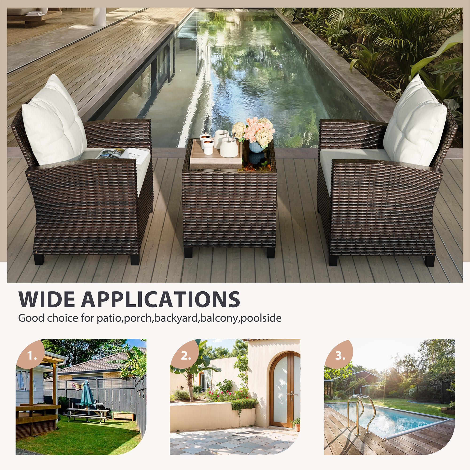 Vongrasig 3 Piece Patio Furniture Set Small Outdoor Wicker Rattan Front Porch Bistro Set Cushioned Patio Chairs Conversation Set with Glass Table for Lawn, Garden, Backyard, Balcony, Poolside