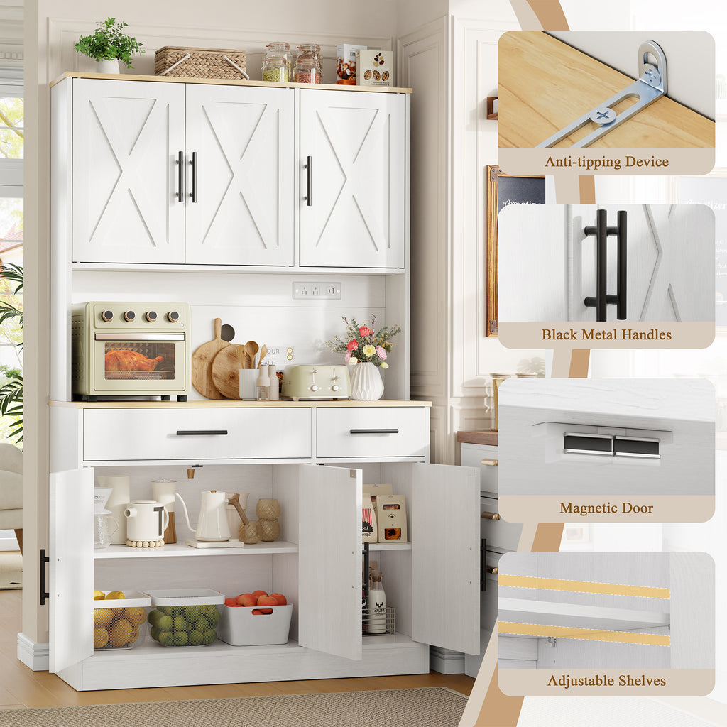 Vongrasig Farmhouse Pantry Cabinet with Charging Station, Tall Kitchen Pantry with Microwave Stand, Storage Drawers & Shelves, Large Kitchen Hutch for Living Room, Dining Room