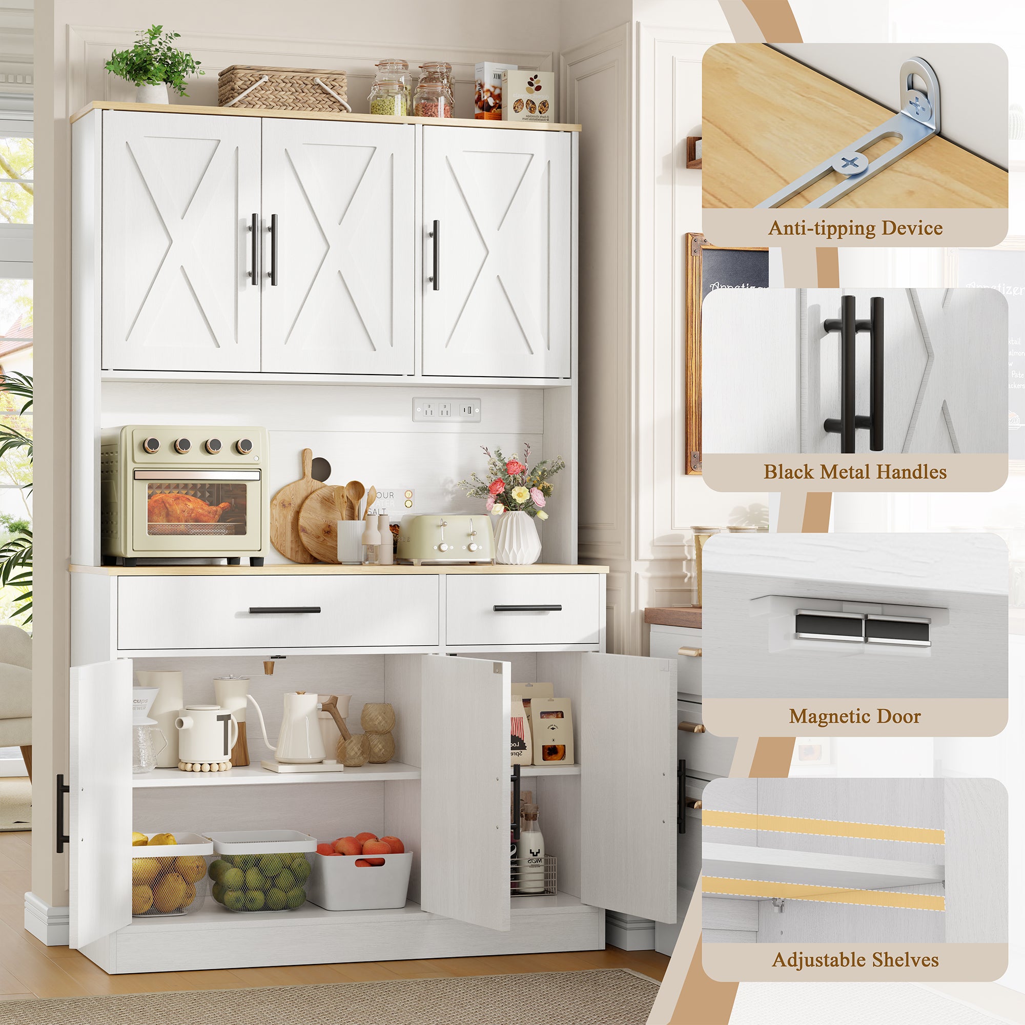 Vongrasig Farmhouse Pantry Cabinet with Charging Station, Tall Kitchen Pantry with Microwave Stand, Storage Drawers & Shelves, Large Kitchen Hutch for Living Room, Dining Room