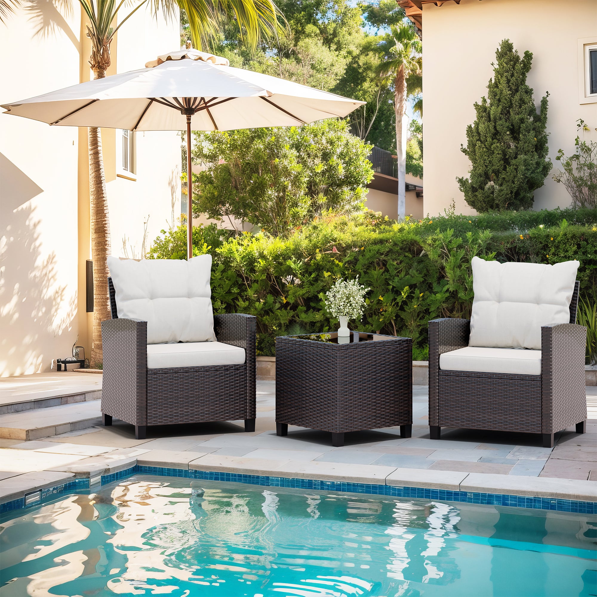 Vongrasig 3 Piece Patio Furniture Set Small Outdoor Wicker Rattan Front Porch Bistro Set Cushioned Patio Chairs Conversation Set with Glass Table for Lawn, Garden, Backyard, Balcony, Poolside