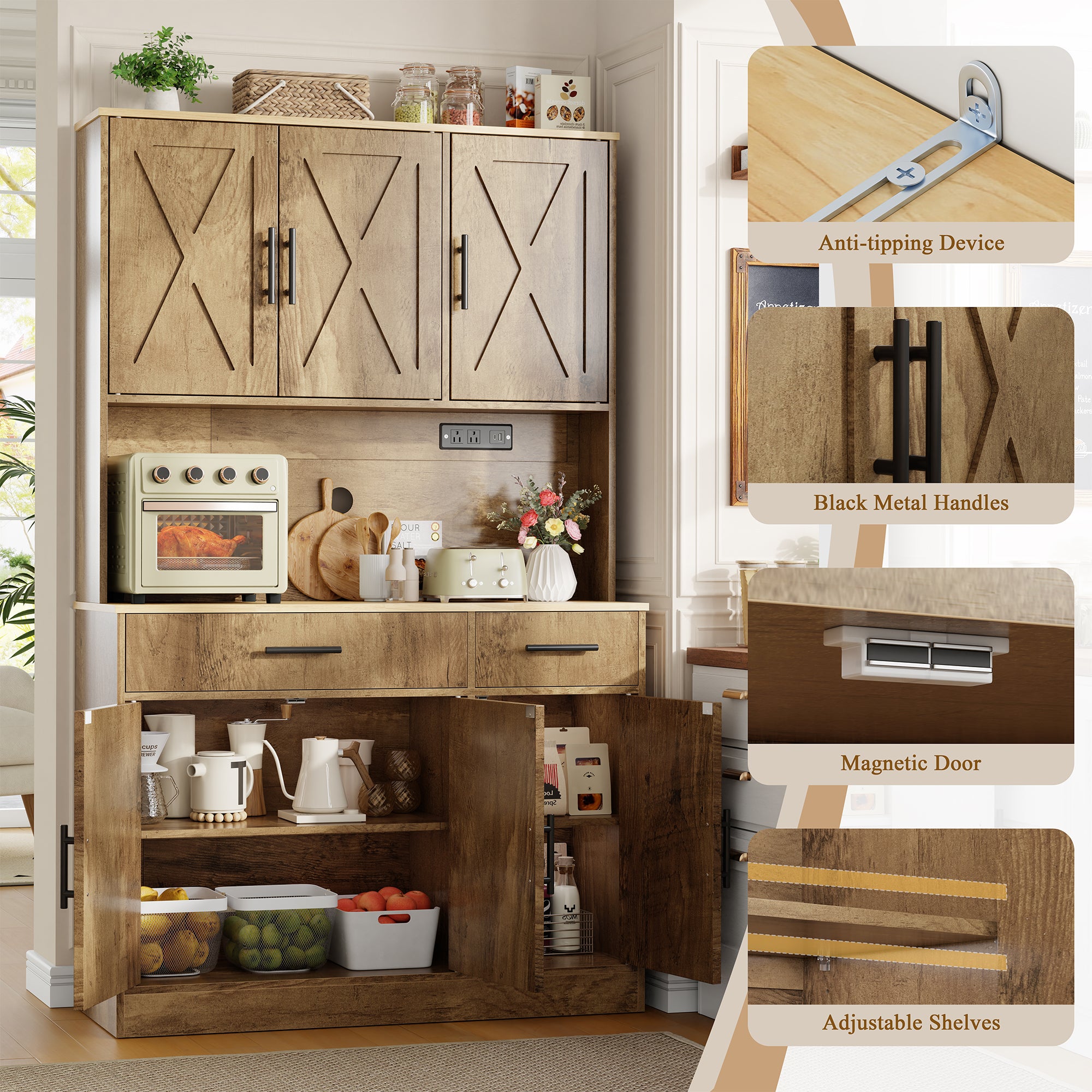 Vongrasig Farmhouse Pantry Cabinet with Charging Station, Tall Kitchen Pantry with Microwave Stand, Storage Drawers & Shelves, Large Kitchen Hutch for Living Room, Dining Room
