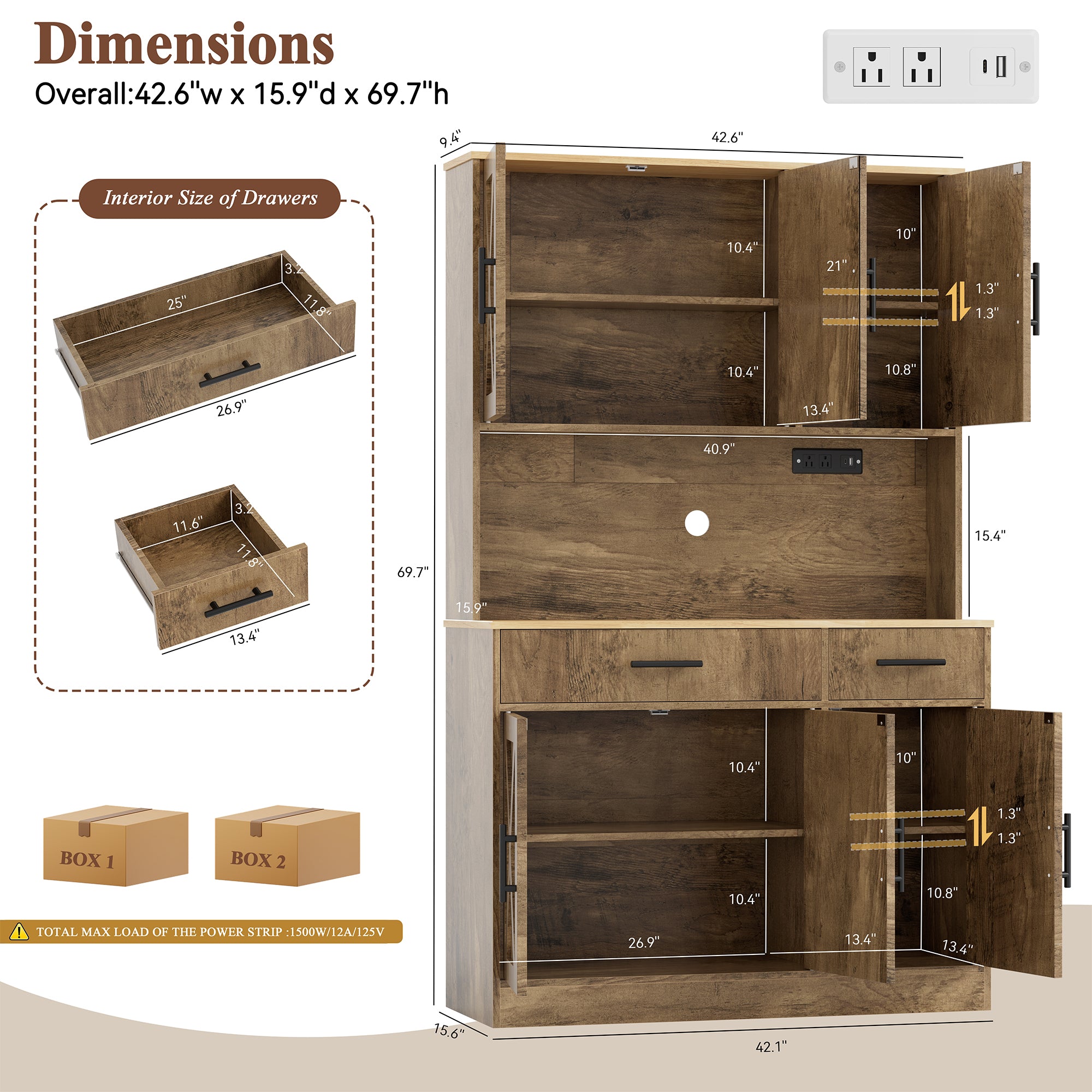 Vongrasig Farmhouse Pantry Cabinet with Charging Station, Tall Kitchen Pantry with Microwave Stand, Storage Drawers & Shelves, Large Kitchen Hutch for Living Room, Dining Room