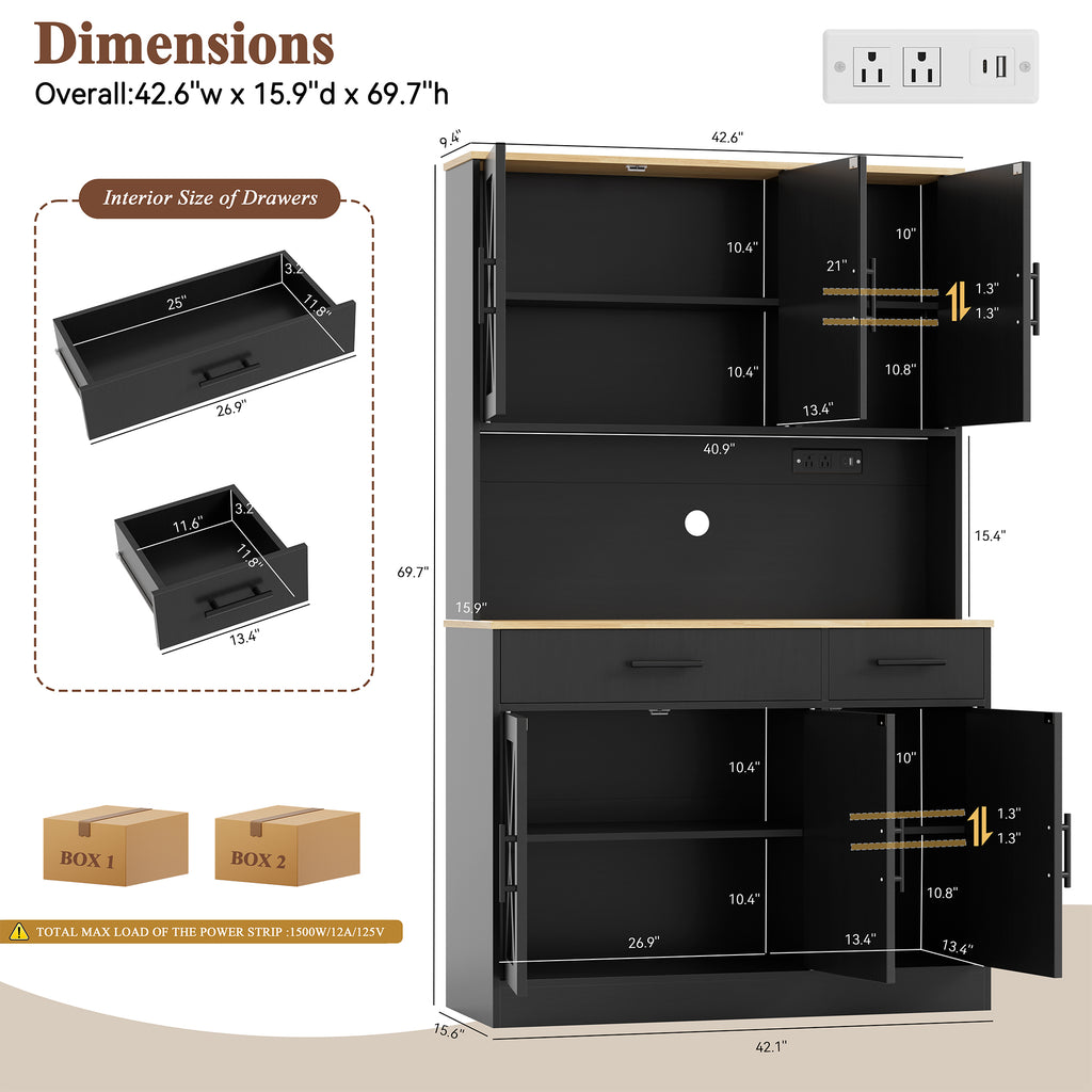 Vongrasig Farmhouse Pantry Cabinet with Charging Station, Tall Kitchen Pantry with Microwave Stand, Storage Drawers & Shelves, Large Kitchen Hutch for Living Room, Dining Room