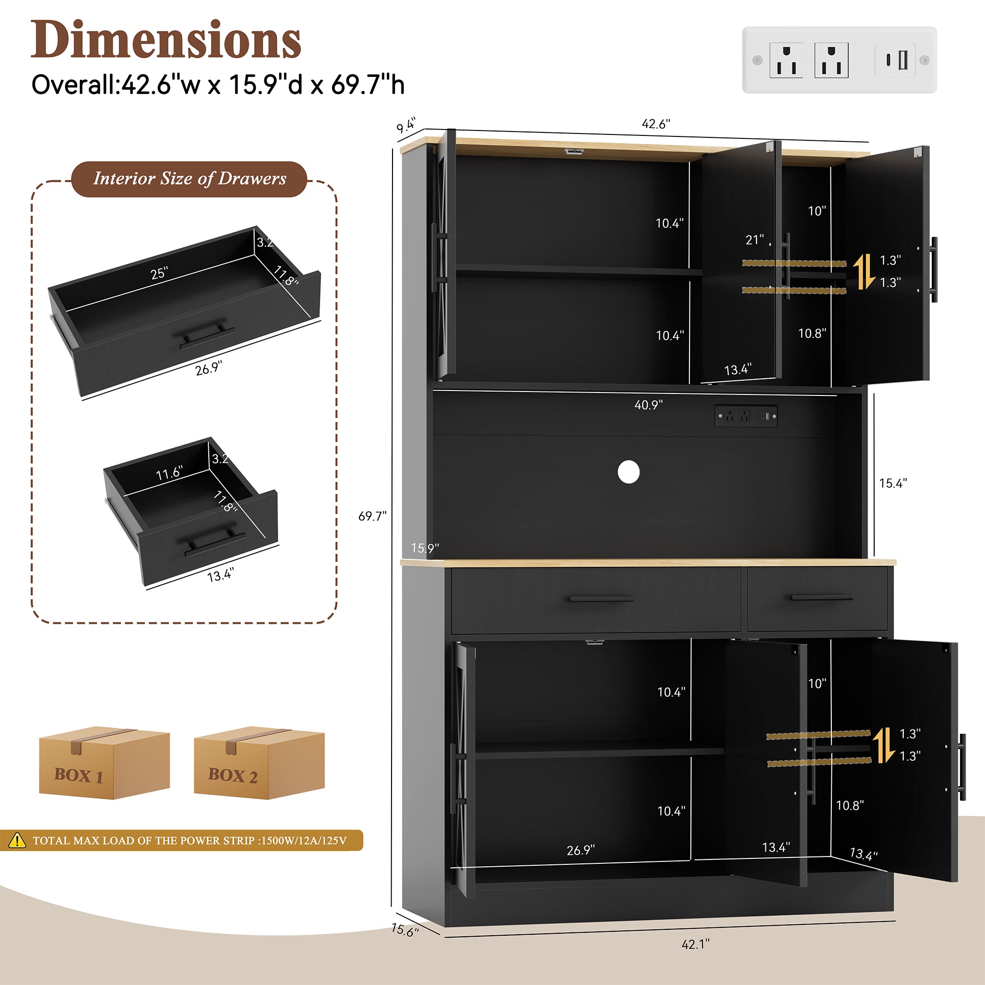 Vongrasig Farmhouse Pantry Cabinet with Charging Station, Tall Kitchen Pantry with Microwave Stand, Storage Drawers & Shelves, Large Kitchen Hutch for Living Room, Dining Room