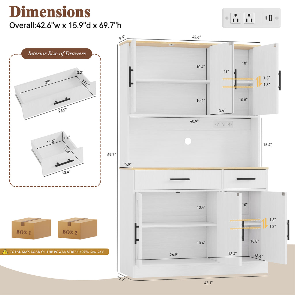 Vongrasig Farmhouse Pantry Cabinet with Charging Station, Tall Kitchen Pantry with Microwave Stand, Storage Drawers & Shelves, Large Kitchen Hutch for Living Room, Dining Room