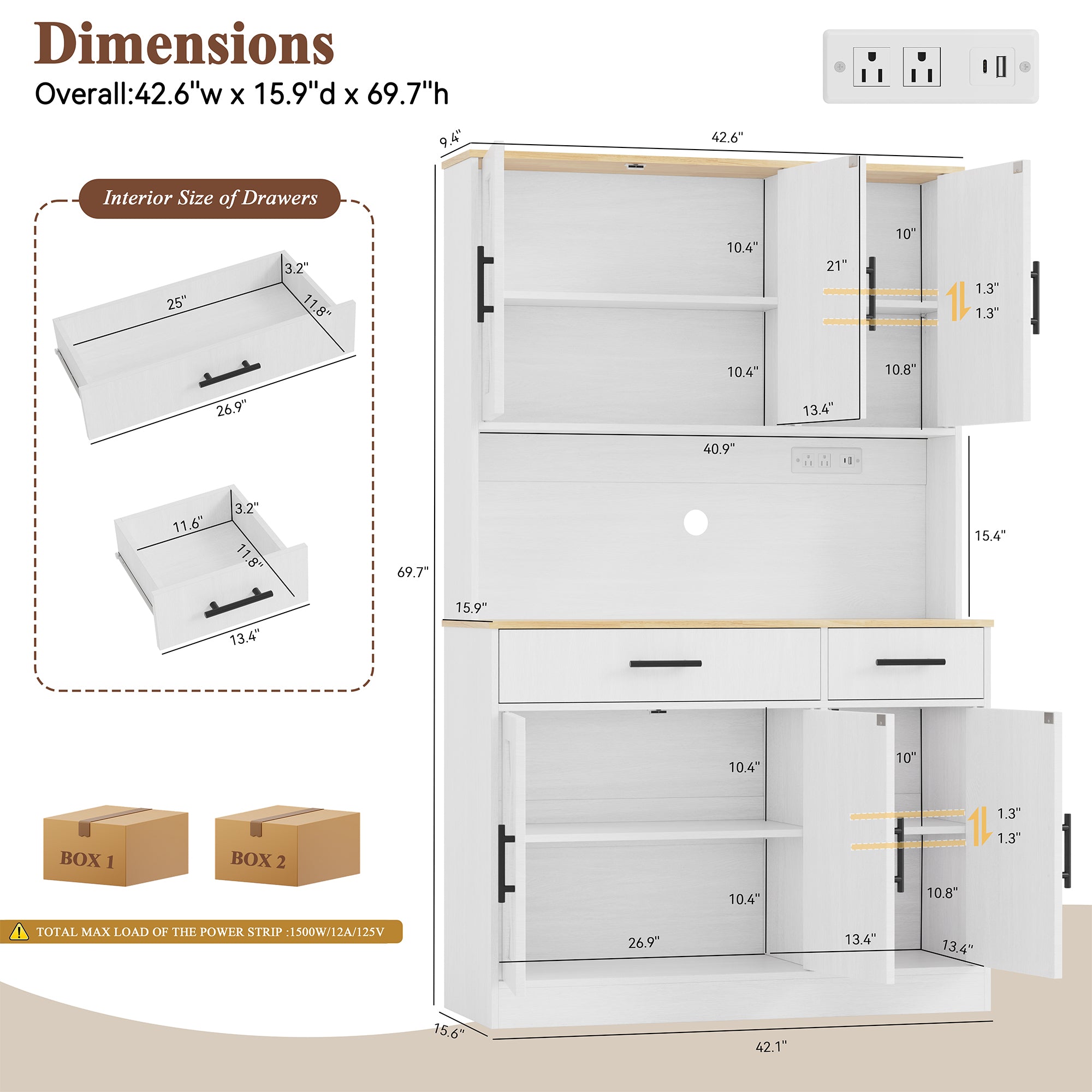 Vongrasig Farmhouse Pantry Cabinet with Charging Station, Tall Kitchen Pantry with Microwave Stand, Storage Drawers & Shelves, Large Kitchen Hutch for Living Room, Dining Room