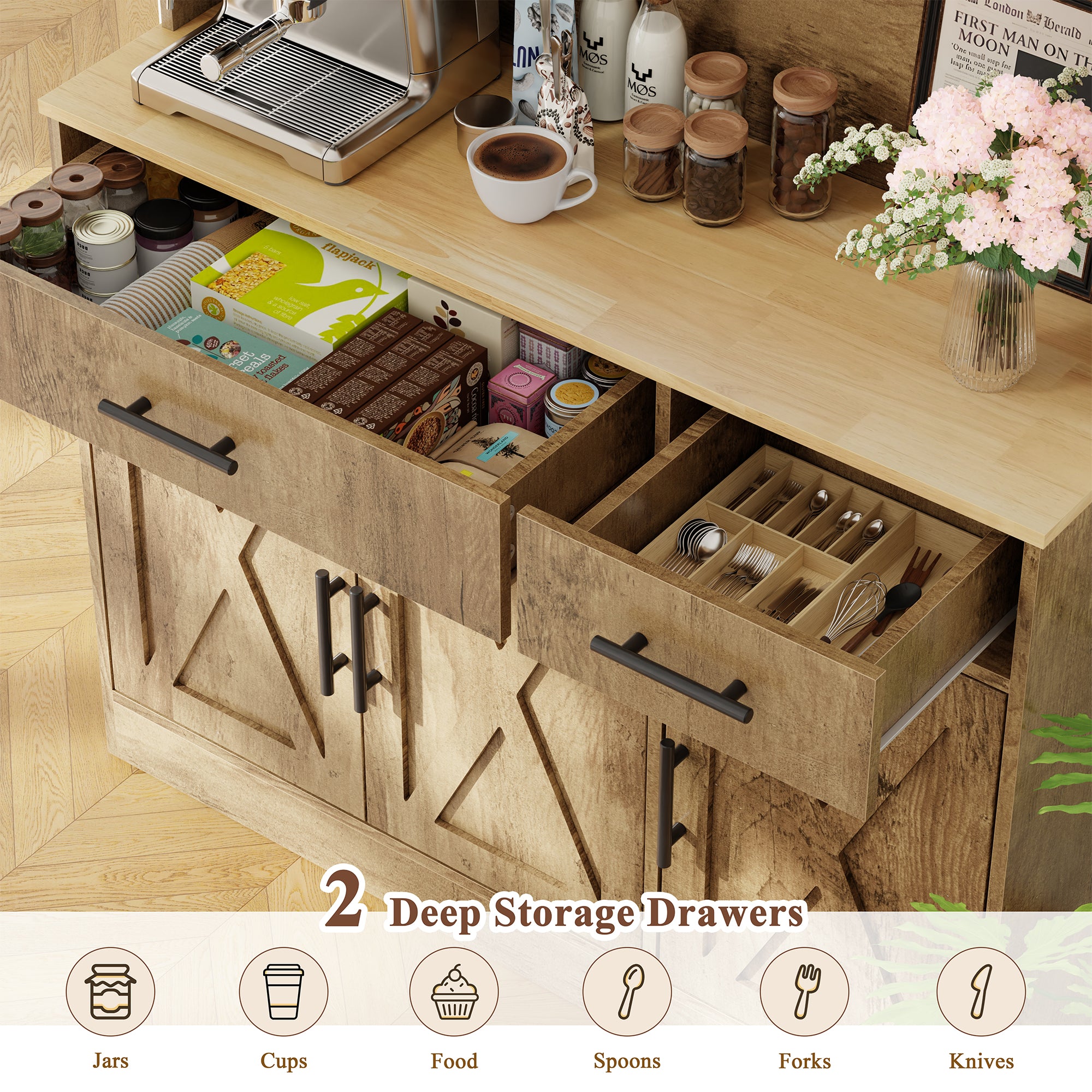 Vongrasig Farmhouse Pantry Cabinet with Charging Station, Tall Kitchen Pantry with Microwave Stand, Storage Drawers & Shelves, Large Kitchen Hutch for Living Room, Dining Room