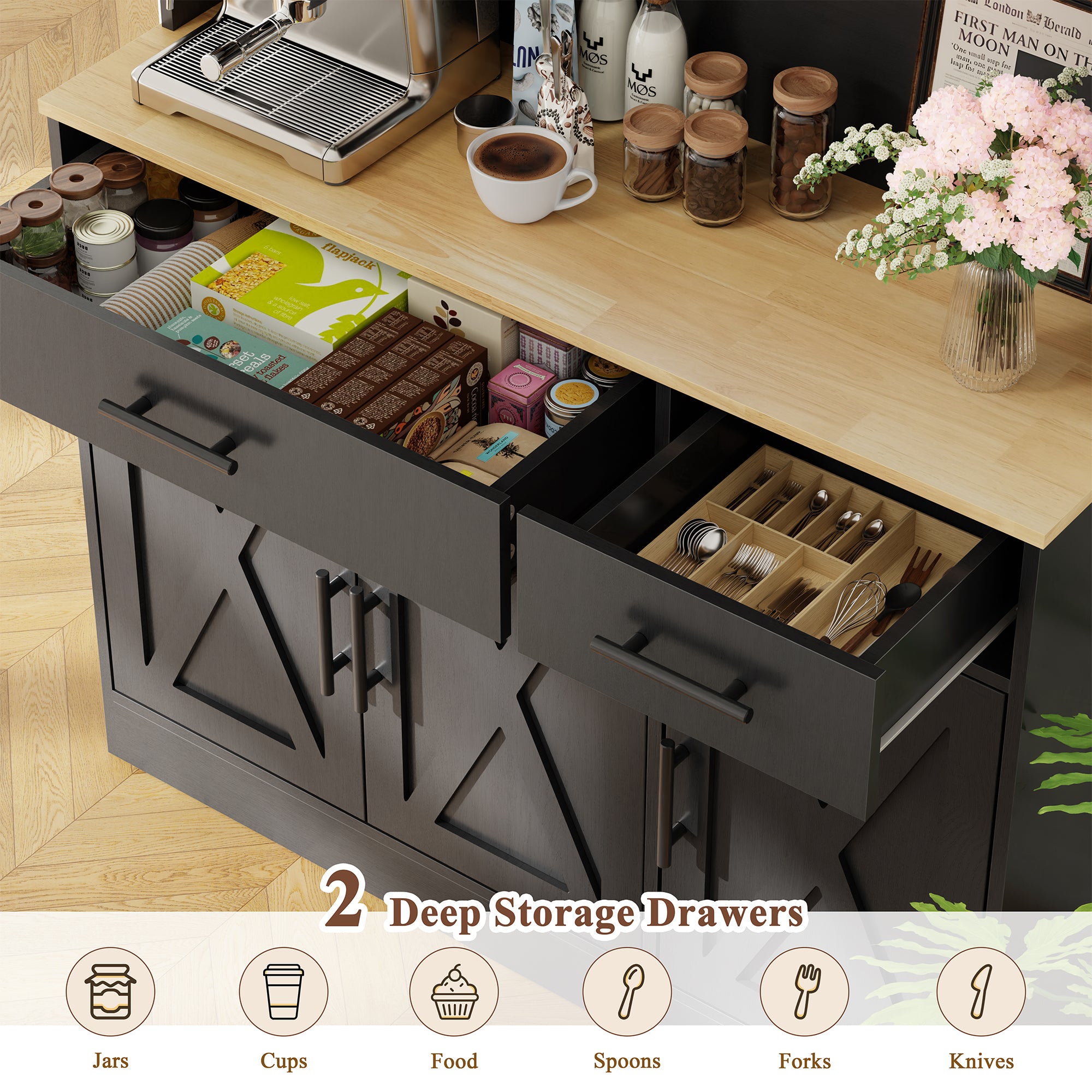 Vongrasig Farmhouse Pantry Cabinet with Charging Station, Tall Kitchen Pantry with Microwave Stand, Storage Drawers & Shelves, Large Kitchen Hutch for Living Room, Dining Room