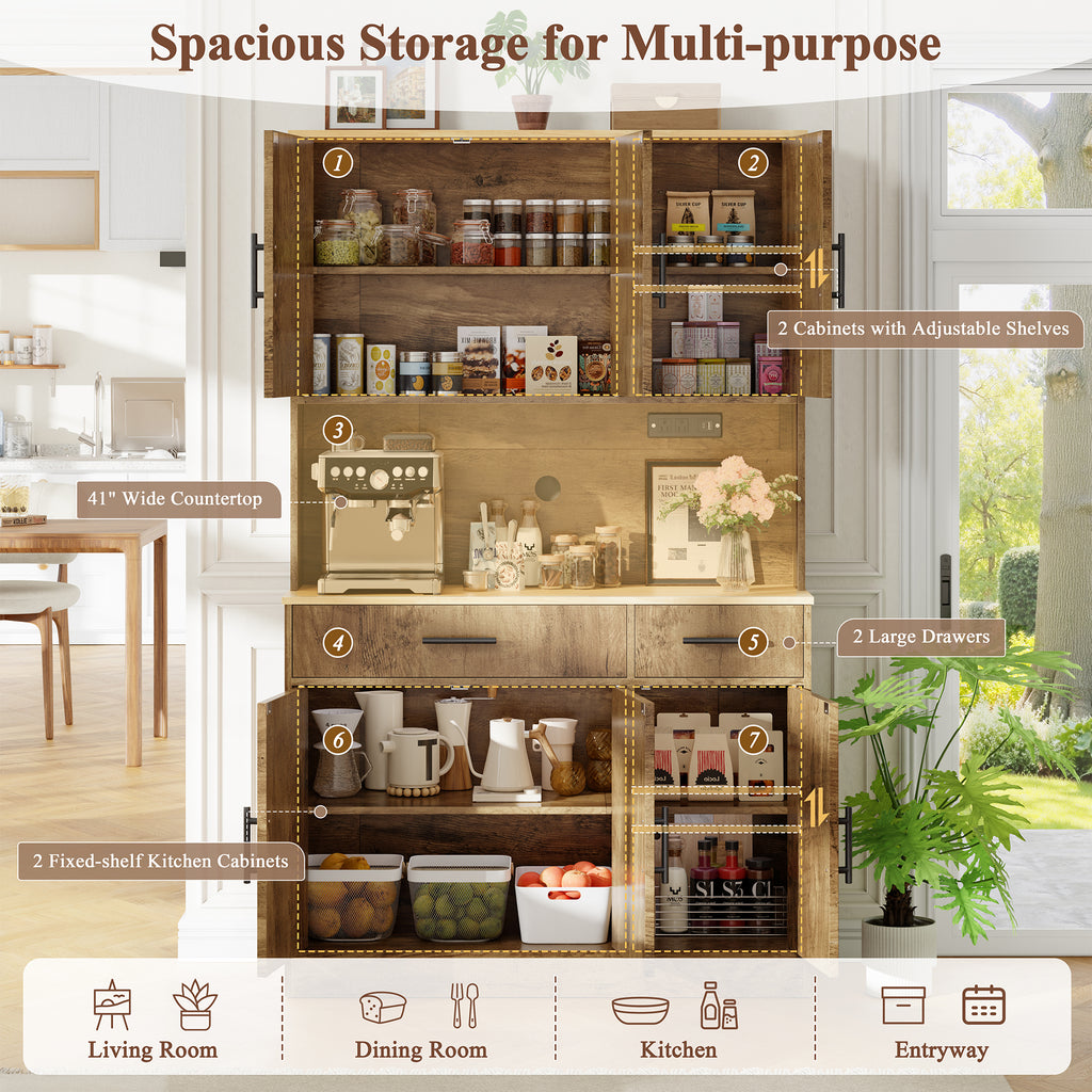 Vongrasig Farmhouse Pantry Cabinet with Charging Station, Tall Kitchen Pantry with Microwave Stand, Storage Drawers & Shelves, Large Kitchen Hutch for Living Room, Dining Room