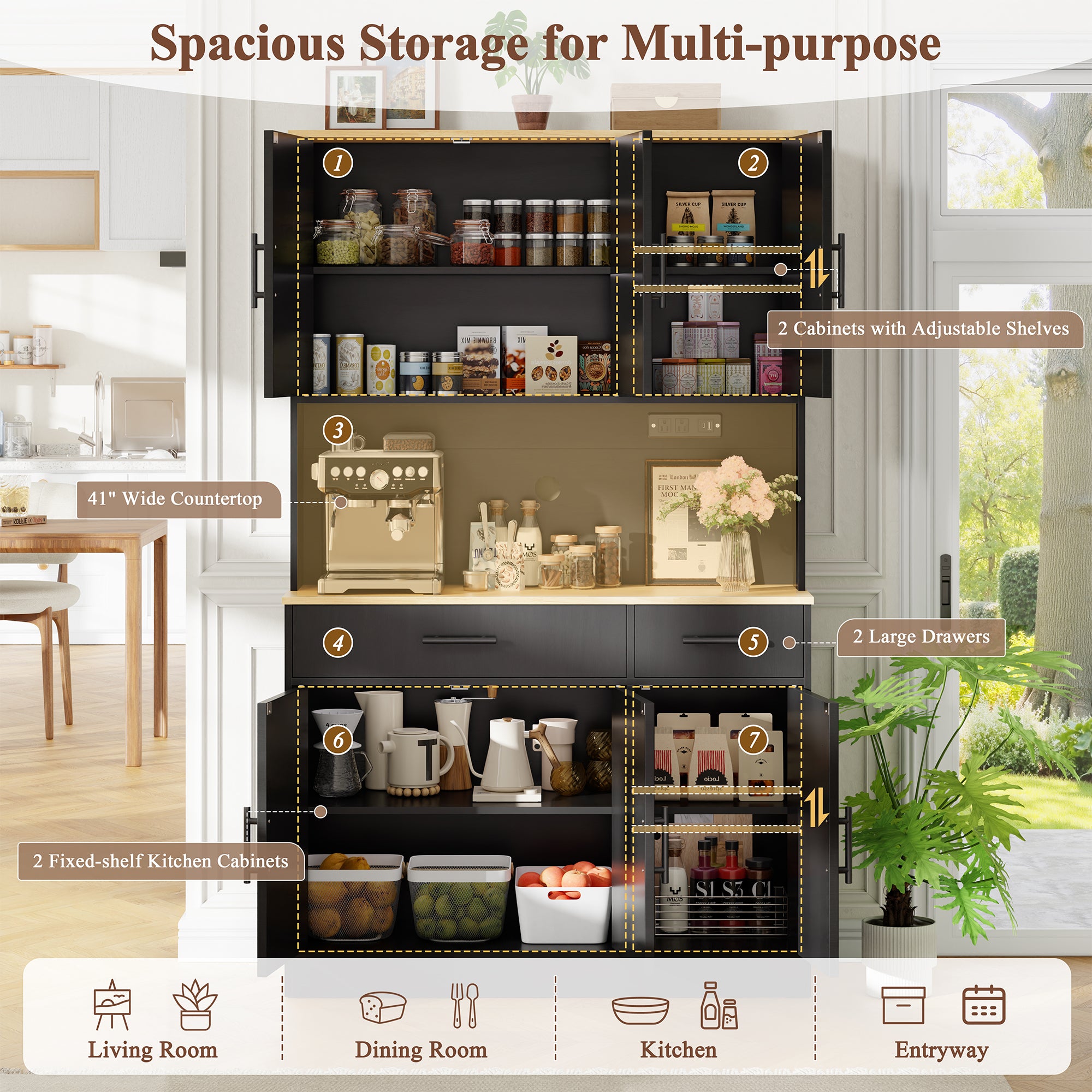 Vongrasig Farmhouse Pantry Cabinet with Charging Station, Tall Kitchen Pantry with Microwave Stand, Storage Drawers & Shelves, Large Kitchen Hutch for Living Room, Dining Room